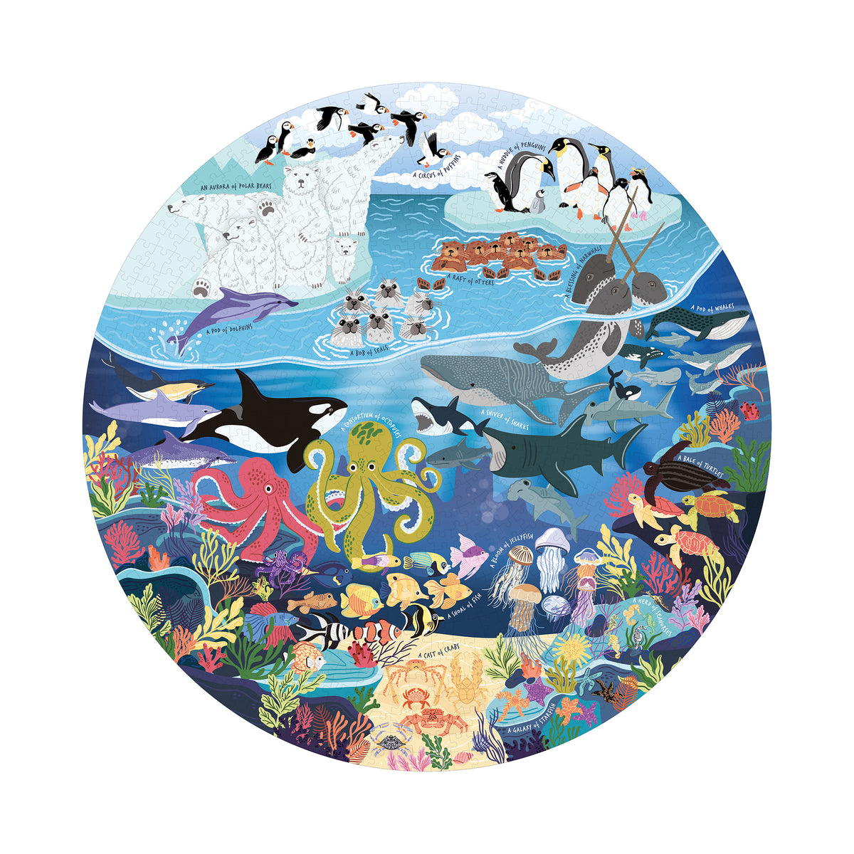 Fully assembled Ocean Lover's Jigsaw Puzzle on white surface, showing illustrations of ocean species