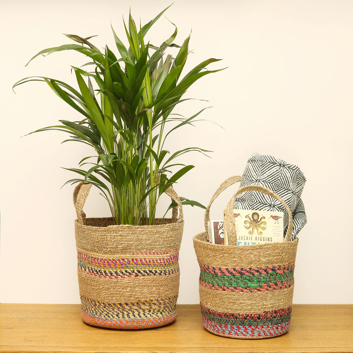 Munja And Reclaimed Fabric Eco Plant Baskets With Handles – Set Of 3