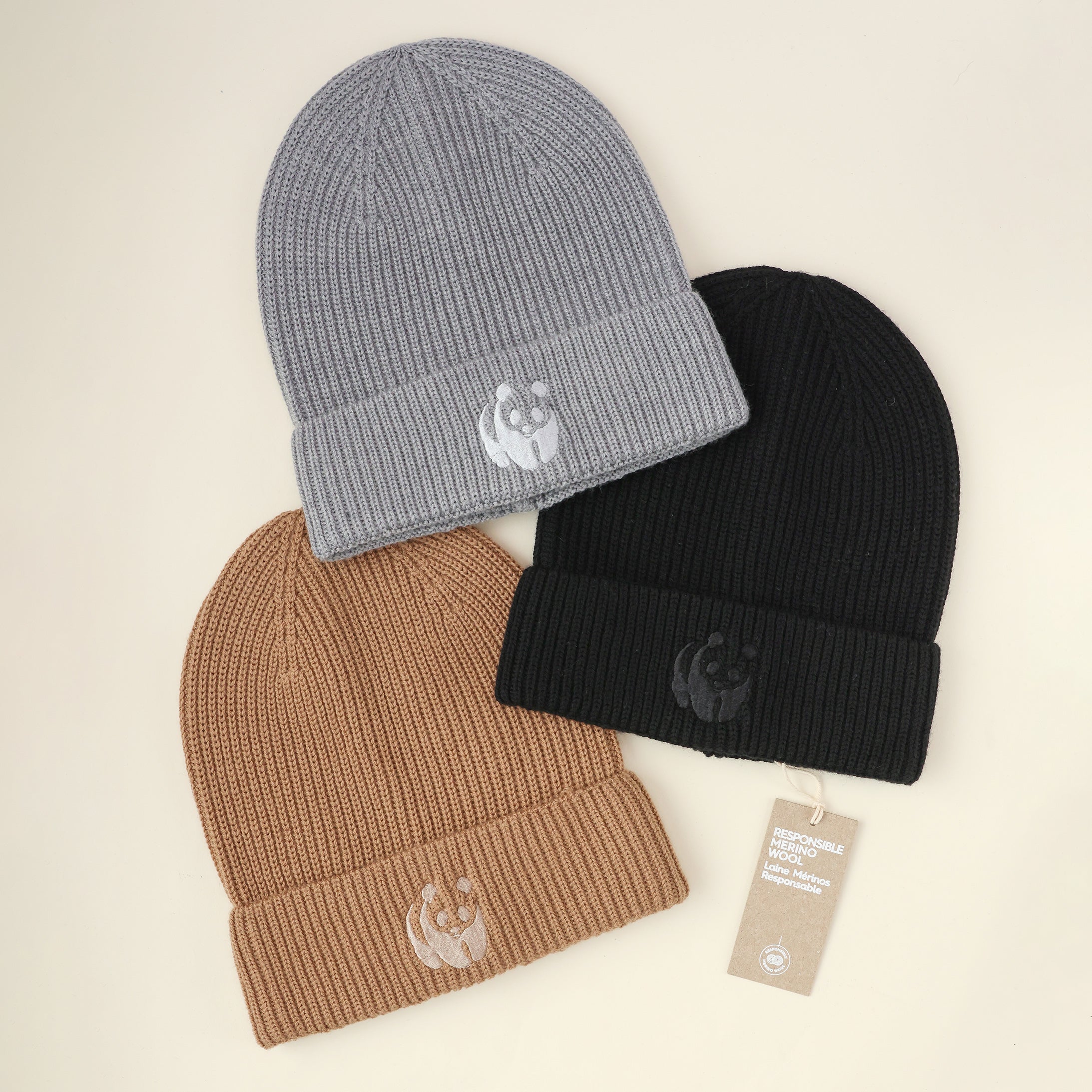 Merino Wool Panda Beanie Hat - Camel