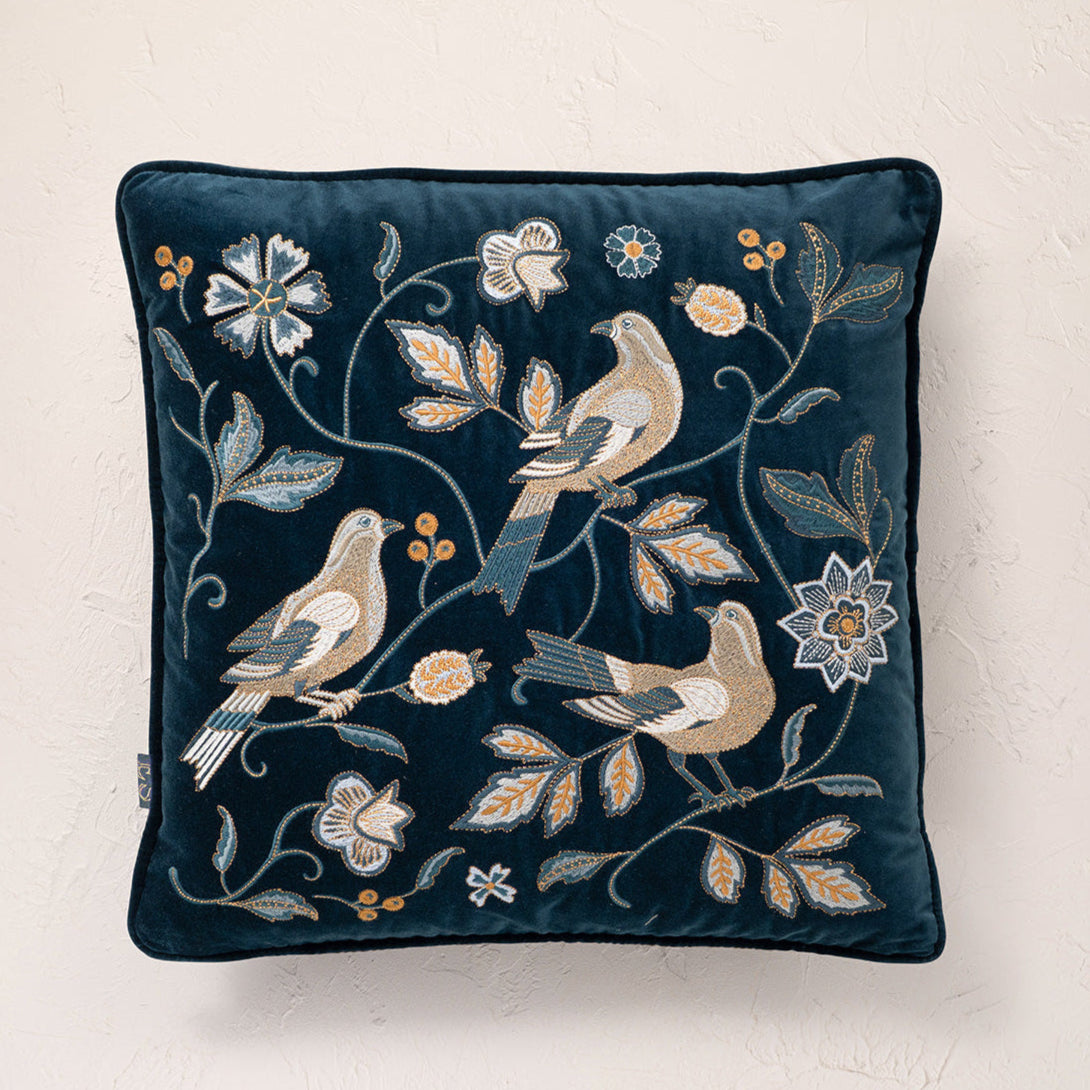 Botanical Birds Velvet Cushion Cover - Ink Blue
