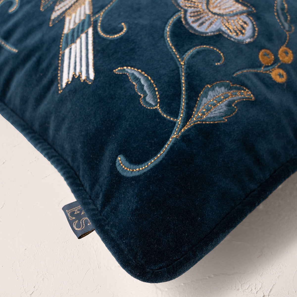 Botanical Birds Velvet Cushion Cover - Ink Blue