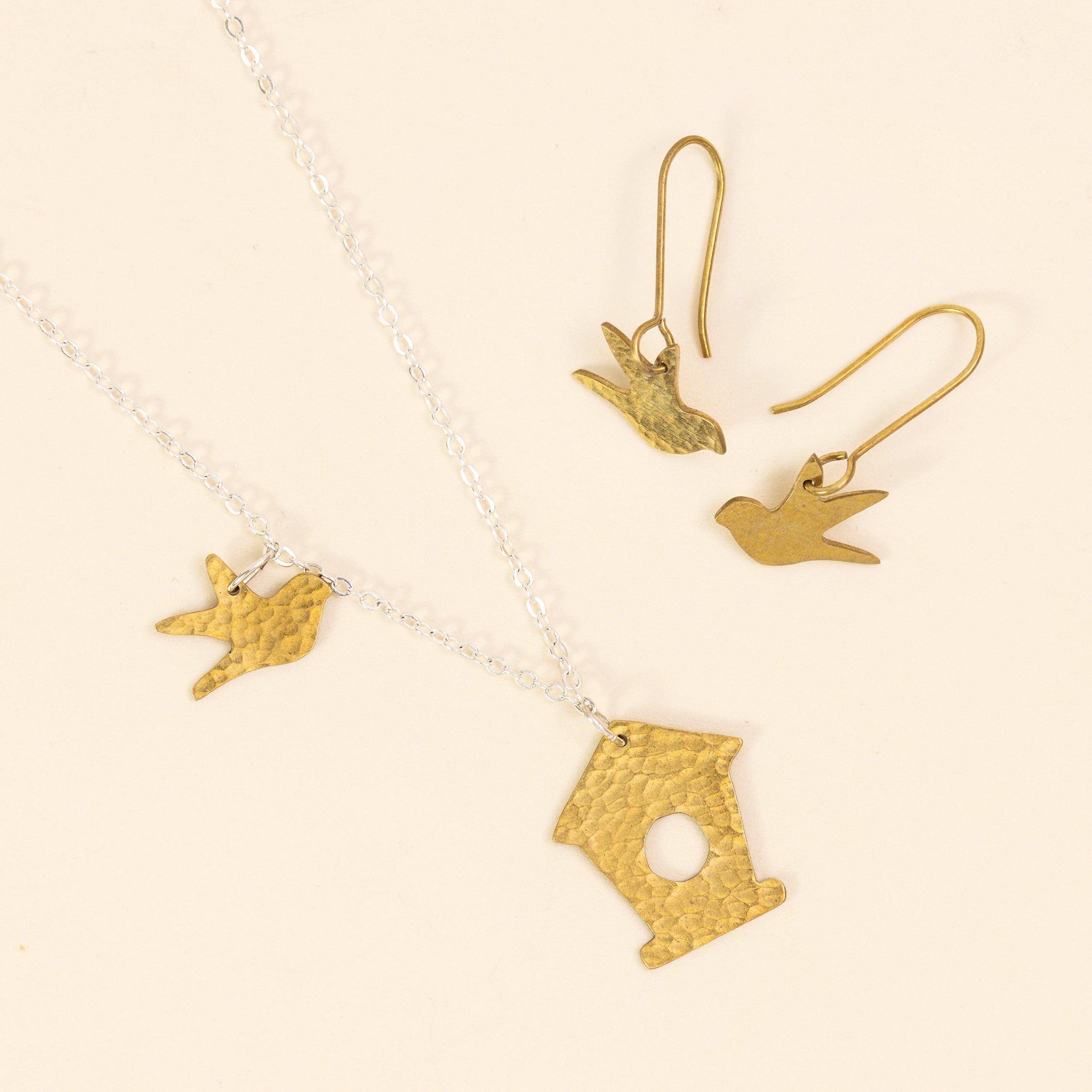 Brass Swallow and Bird Box Necklace