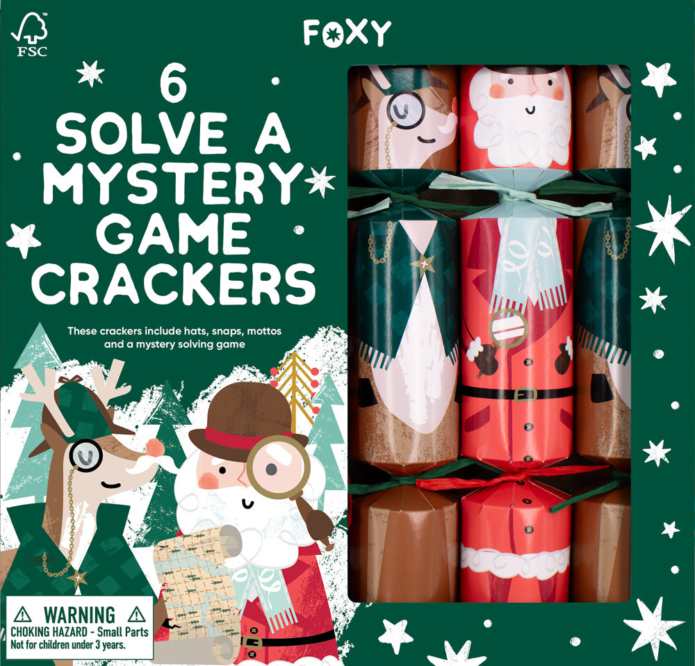 Front view of 6 Solve a mystery game cardboard crackers with Santa and reindeer designs