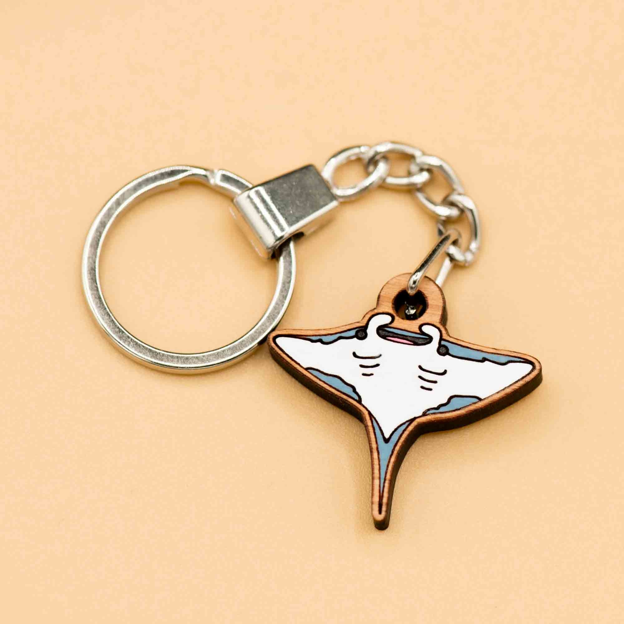 Hand-painted Wooden Keyring - Manta Ray