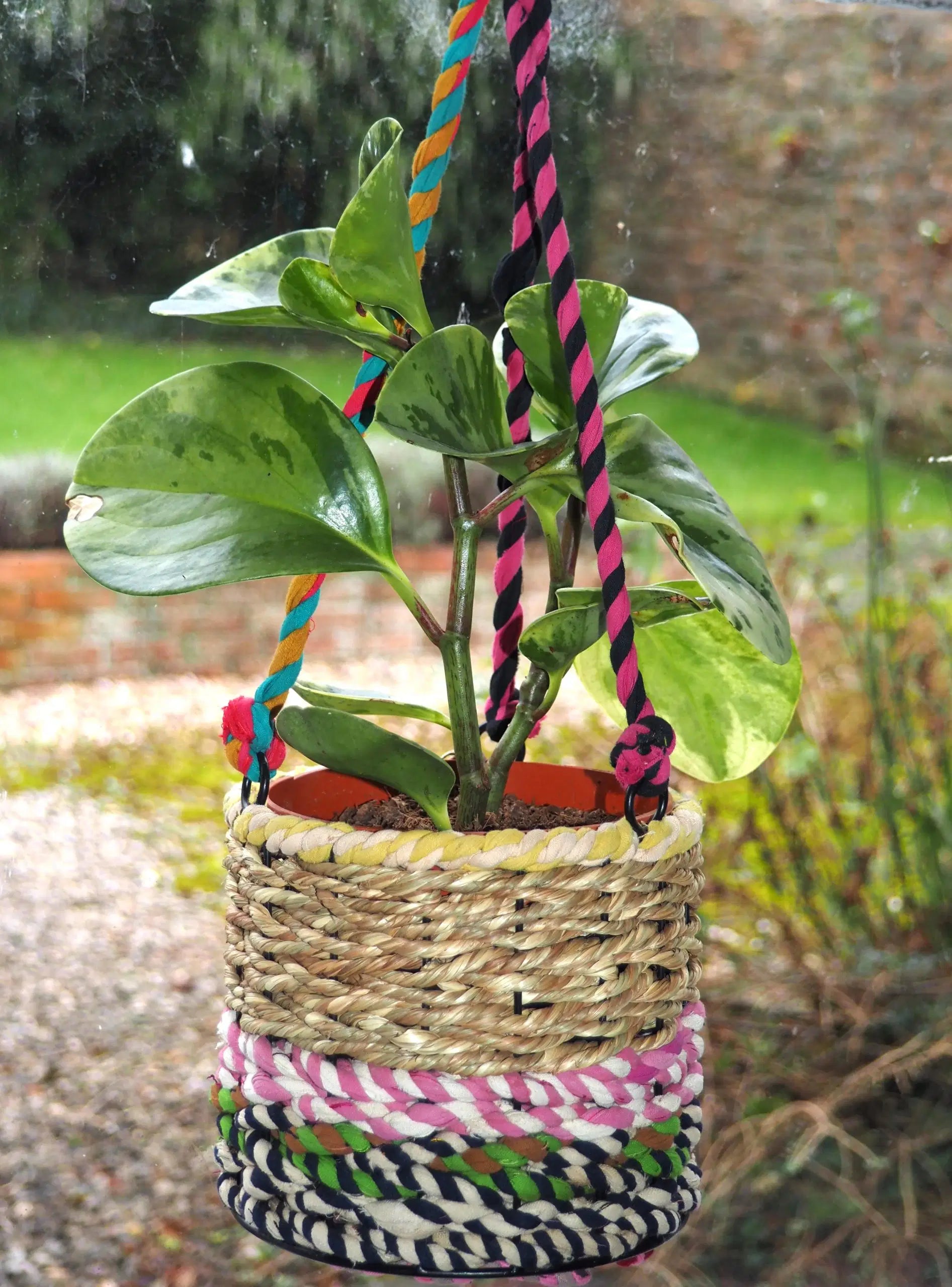 Munja and Reclaimed Fabric Eco Hanging Planter – Medium