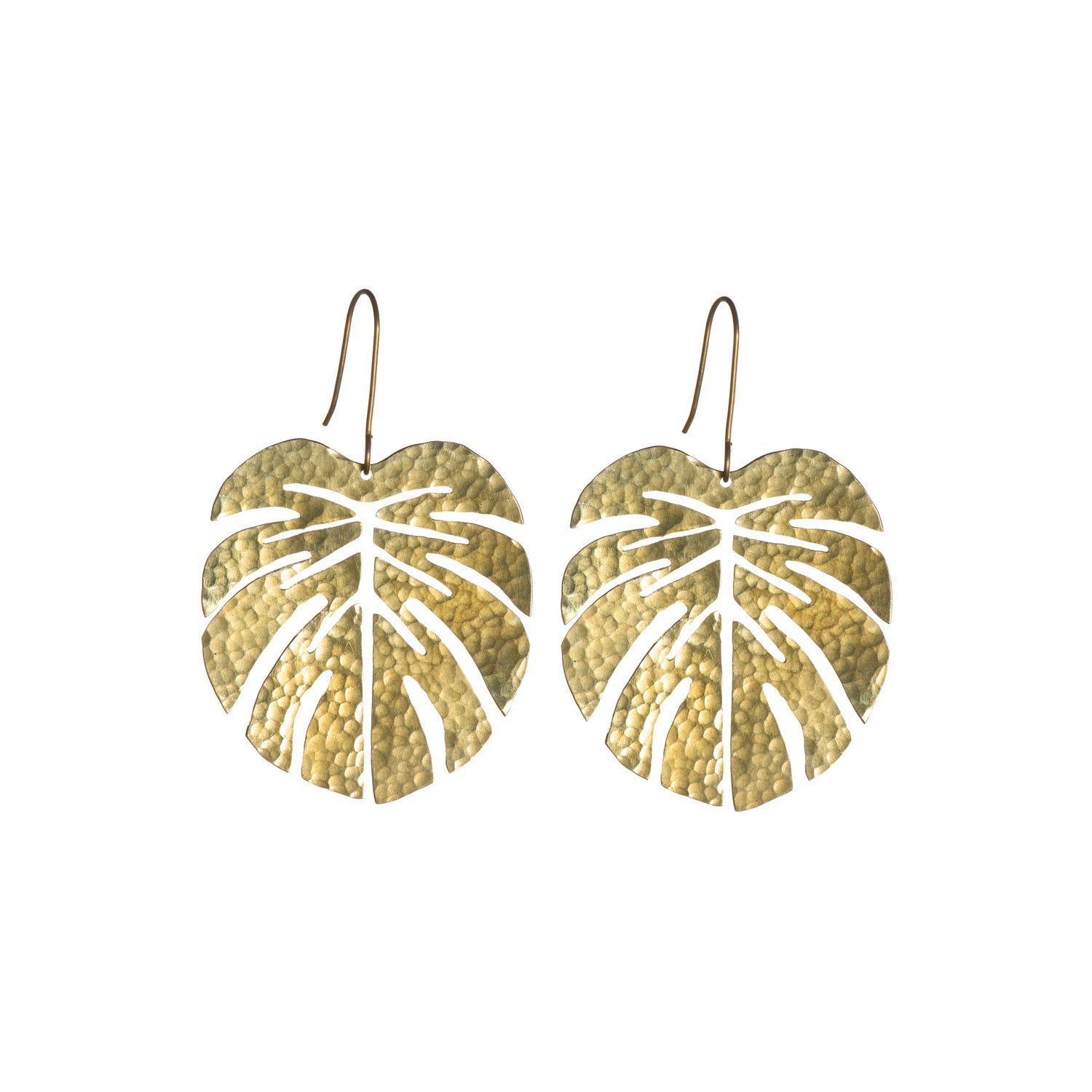 Hammered Brass Tropical Leaf Earrings and Pendant Set