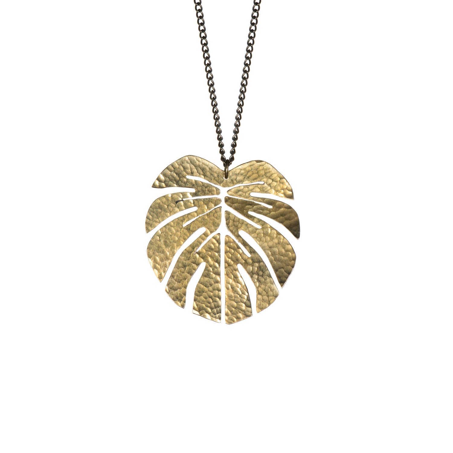 Hammered Brass Tropical Leaf Earrings and Pendant Set