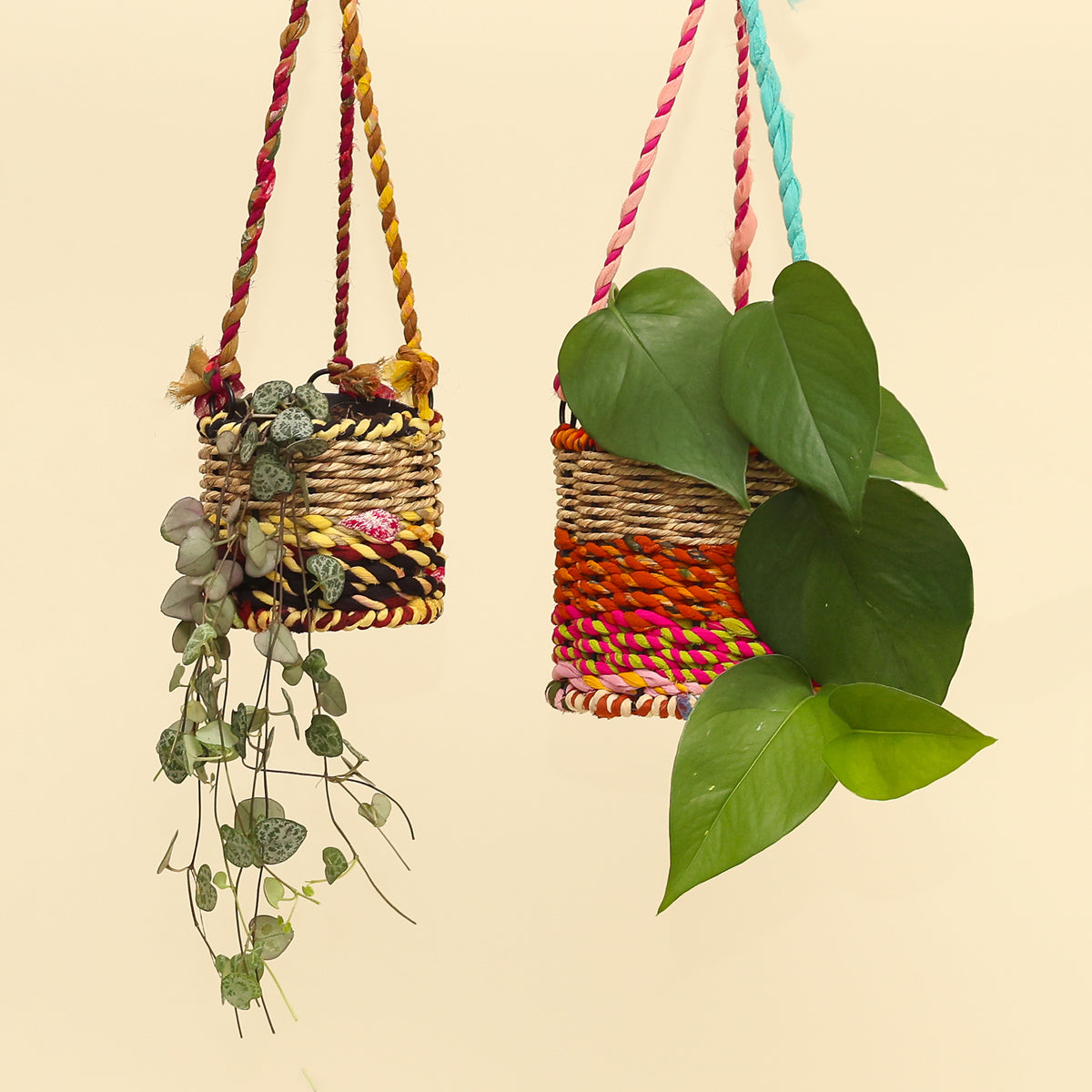 Munja and Reclaimed Fabric Eco Hanging Planter – Medium