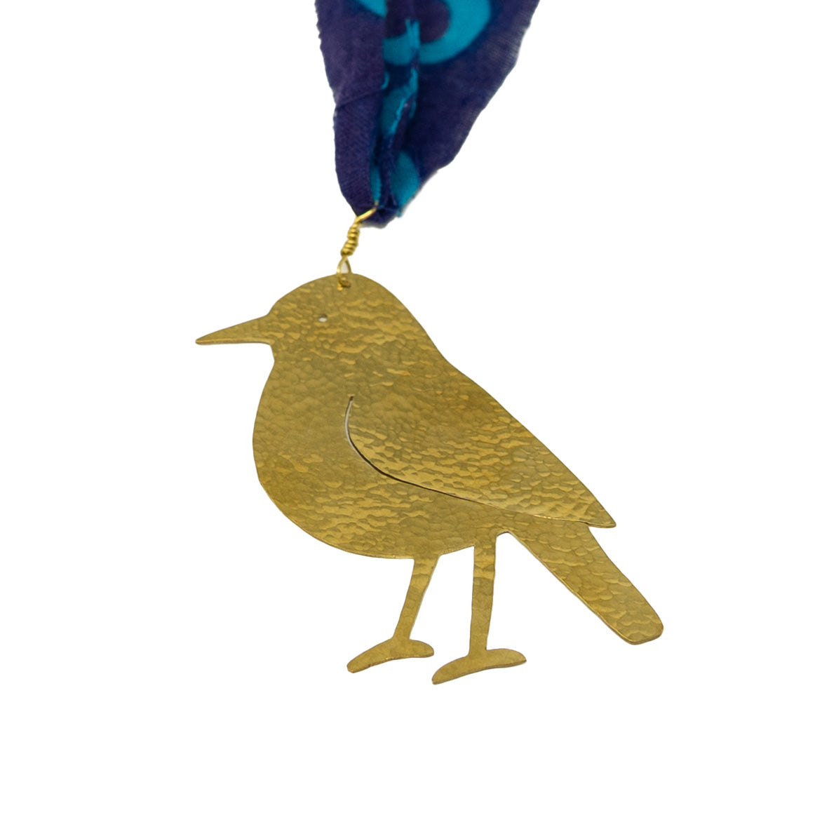 Brass robin decoration with recycled sari blue ribbon on white background