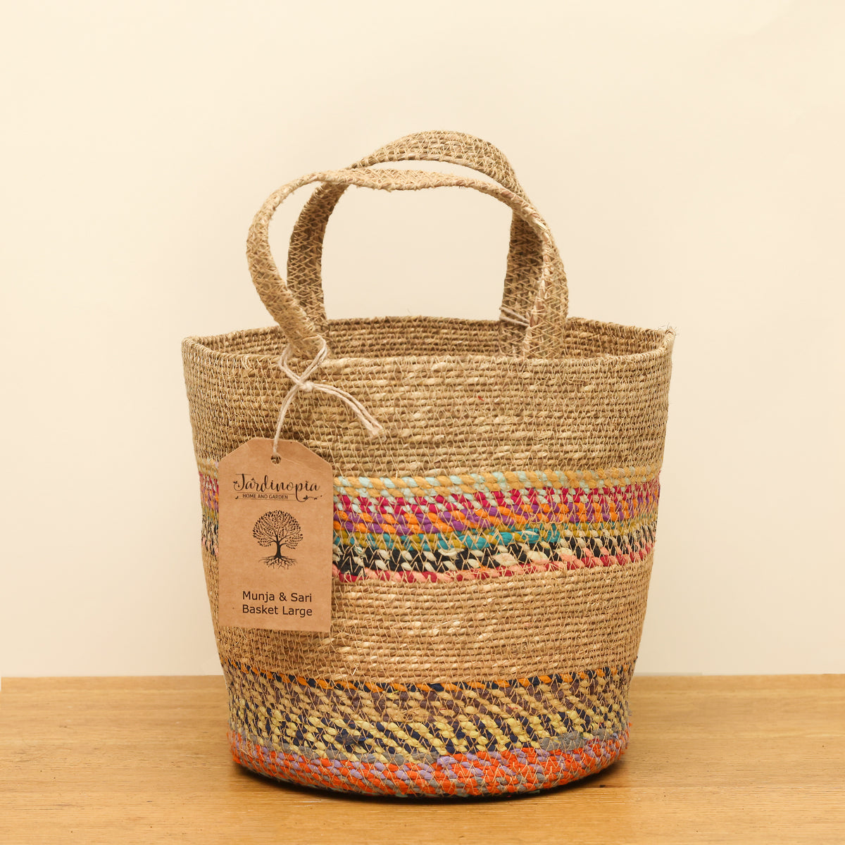 Munja And Reclaimed Fabric Eco Plant Baskets With Handles – Set Of 3