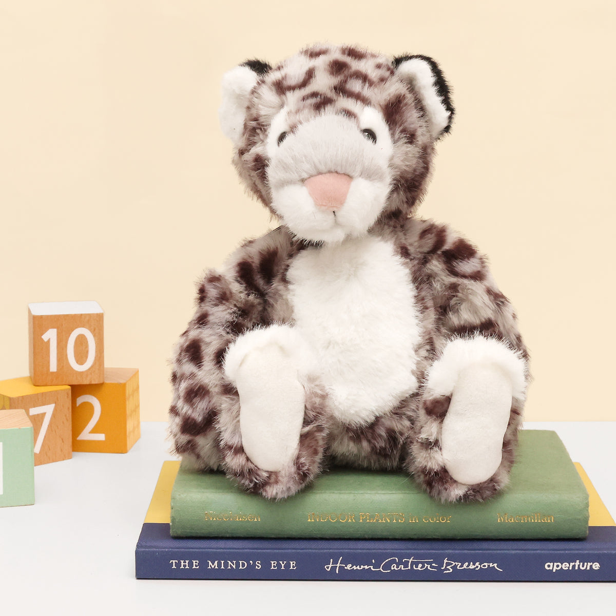 Front facing snow leopard plushie in grey leopard print with white chest, face and paws sitting on books next to wooden blocks on white surface and cream background. 