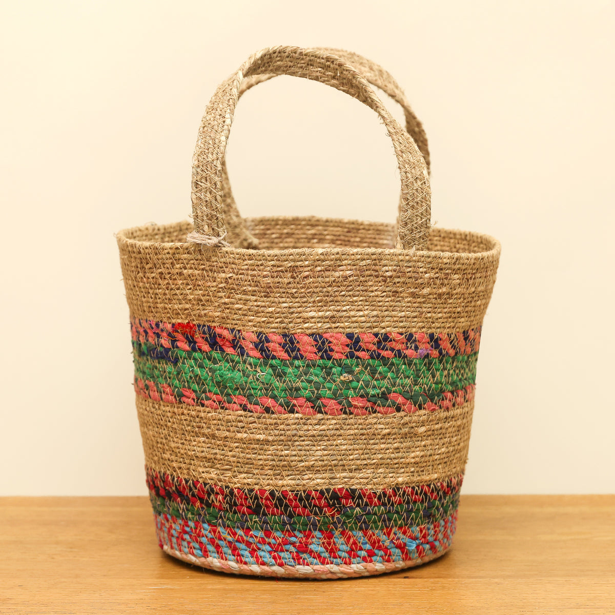 Munja And Reclaimed Fabric Eco Plant Baskets With Handles – Set Of 3