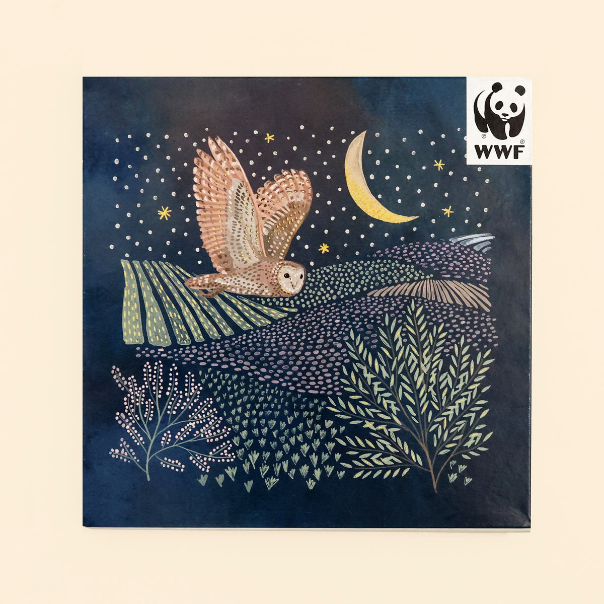 Front of 10 pack Night Owl Cards showing the design and WWF logo on cream background 