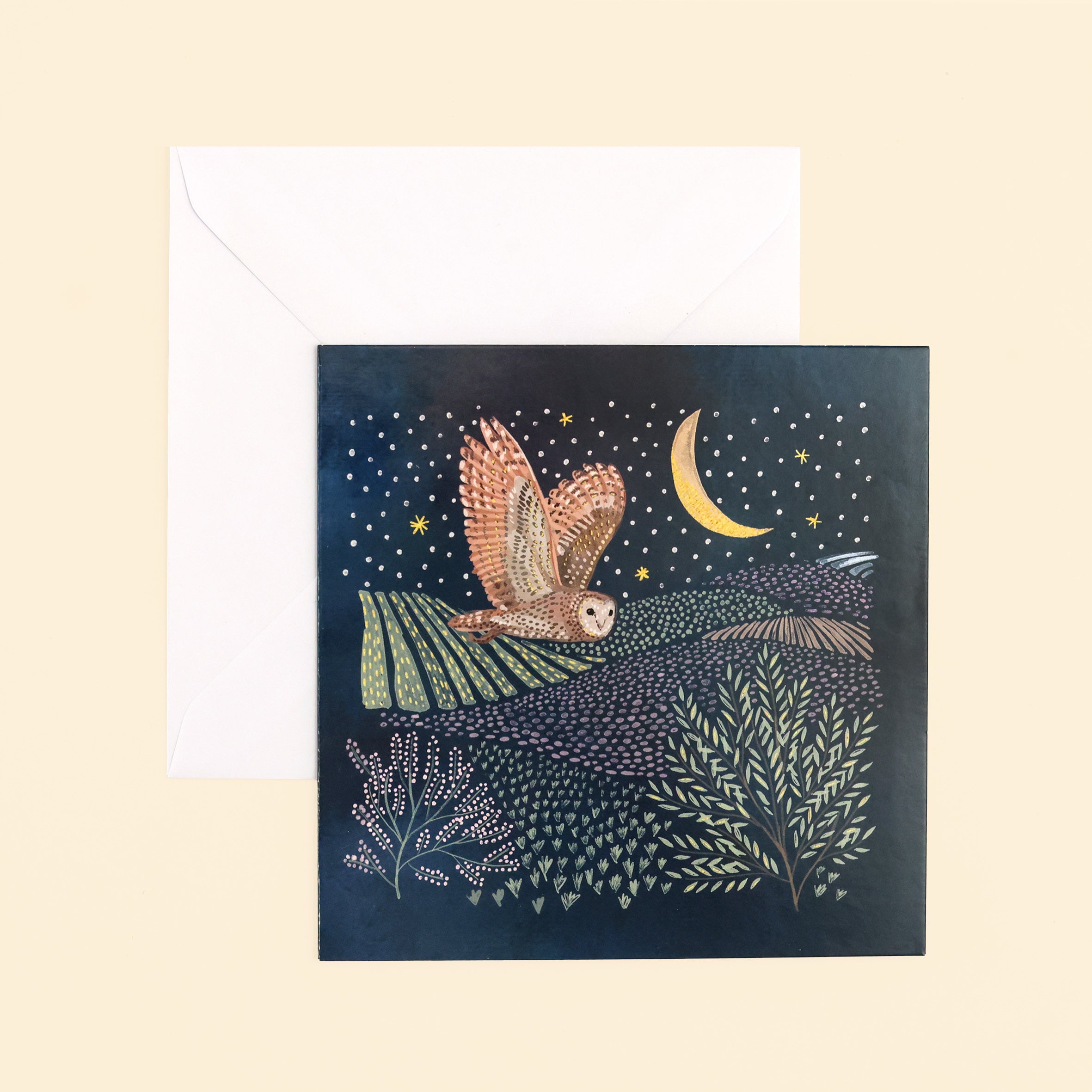 A single Night Owl Card with envelope on cream background 