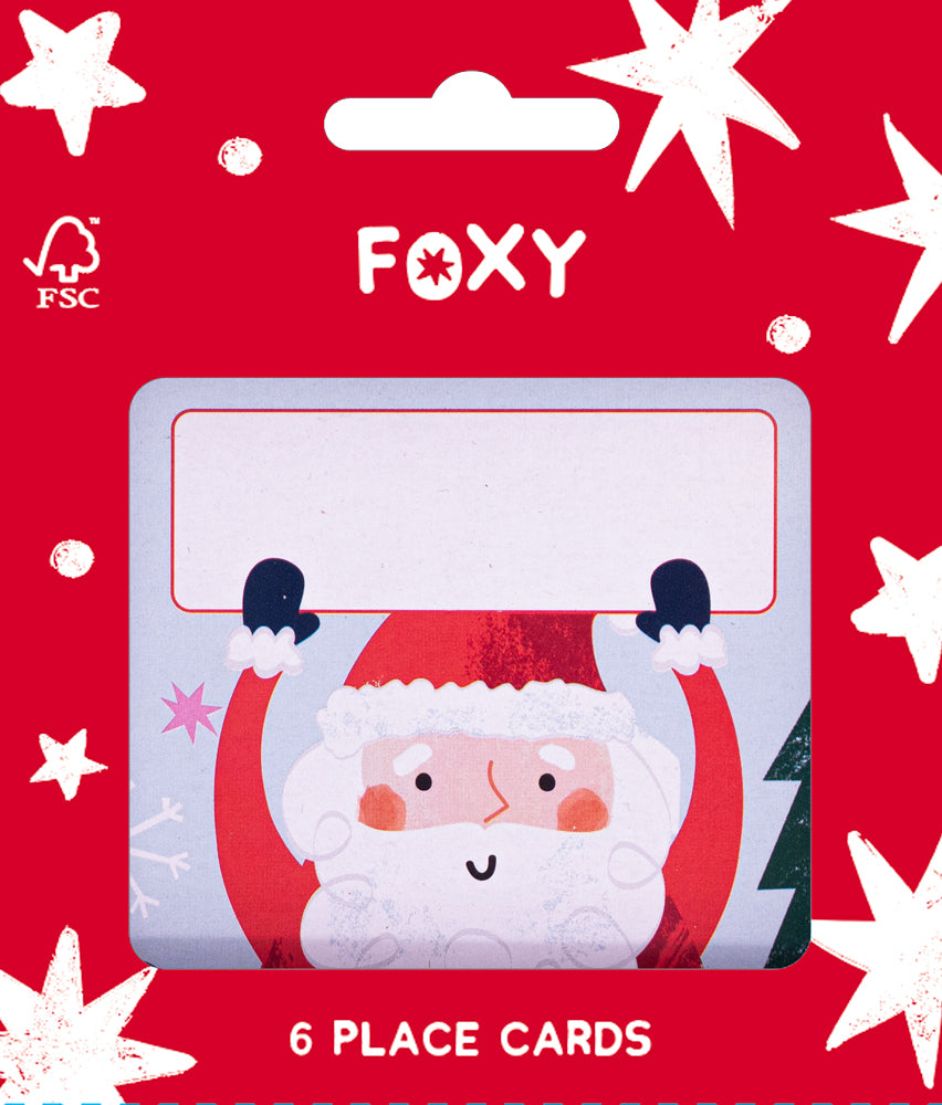 6 card place cards in red box with illustrated santa holding a white box for name