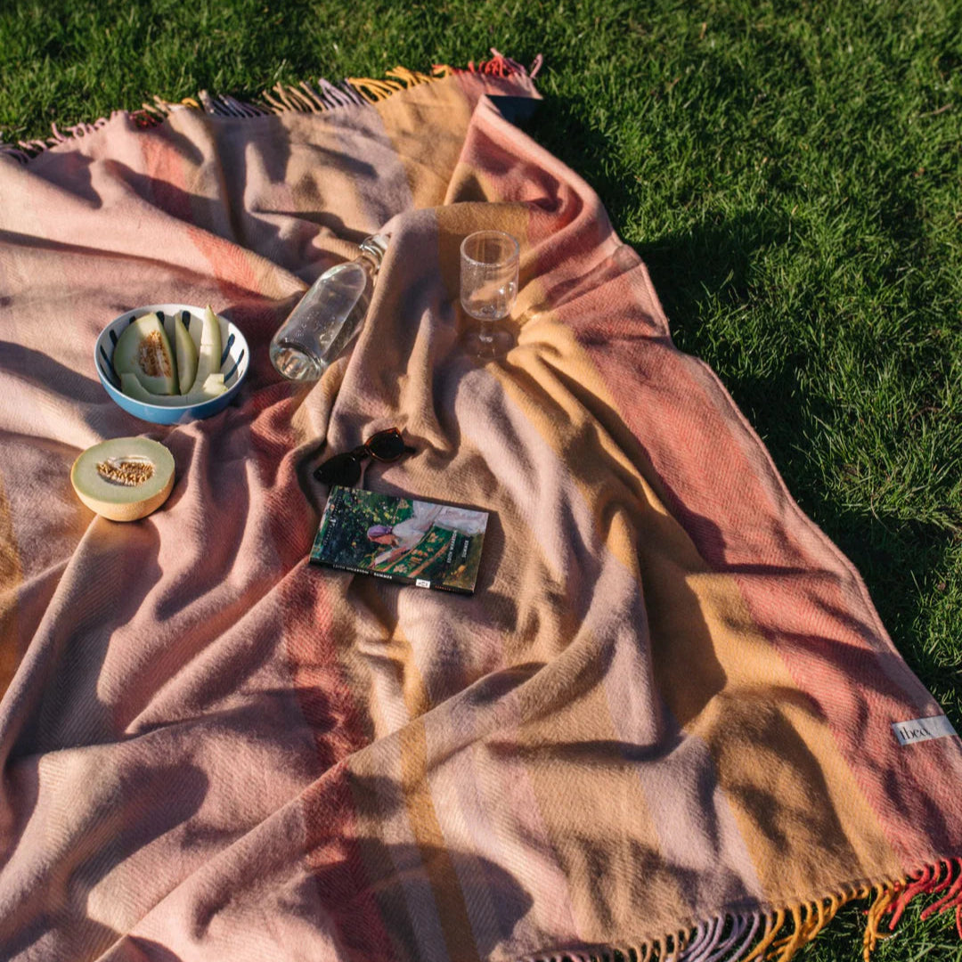 Recycled Wool Large Picnic Blanket - Coral Stripe