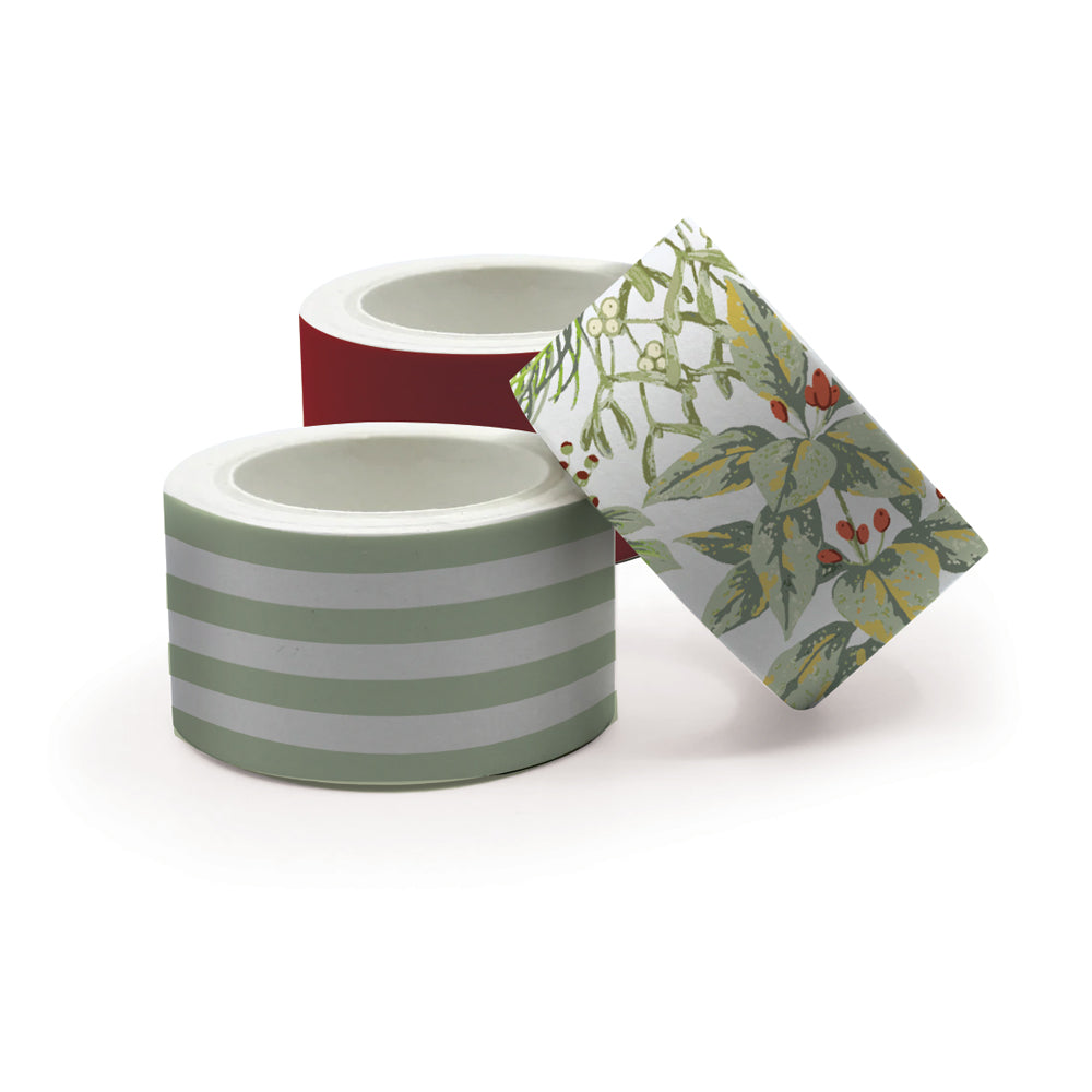 3 paper tape rolls in green white stripe, red and floral print on white background