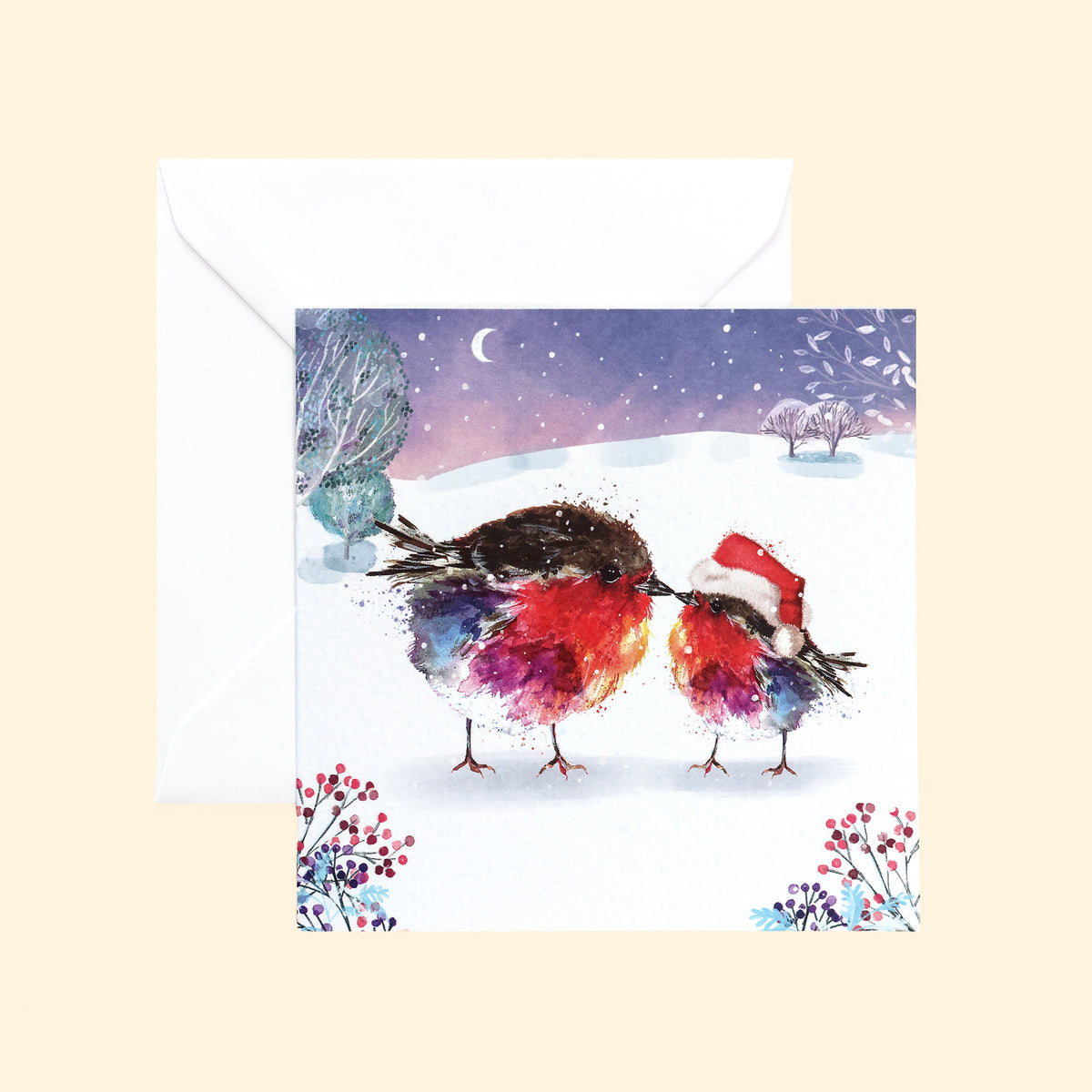 Close up of one of the illustrated robin cards where a mother and baby robin are together in a snowy scene at night with moon and trees. The smaller robin is wearing santa's hat