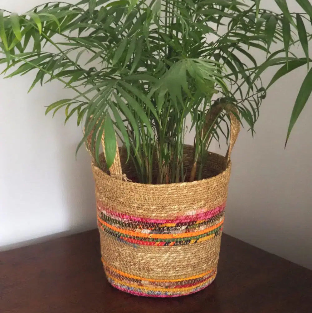 Munja And Reclaimed Fabric Eco Plant Pot Cover With Handles – Set Of 3