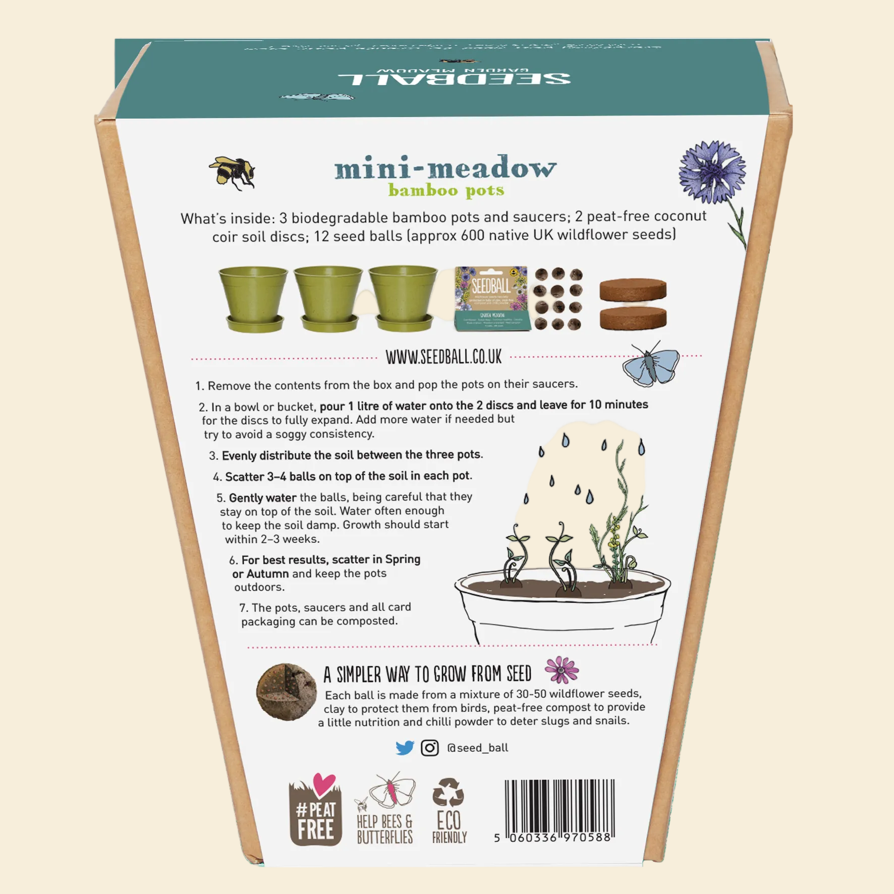Seedball Mini Meadow Bamboo Pots - Garden Meadow
