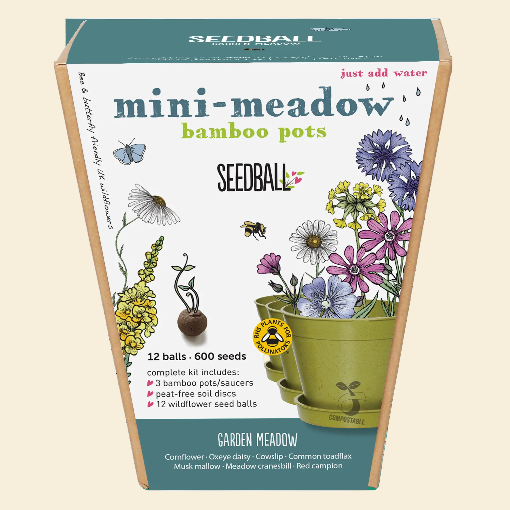Seedball Mini Meadow Bamboo Pots - Garden Meadow