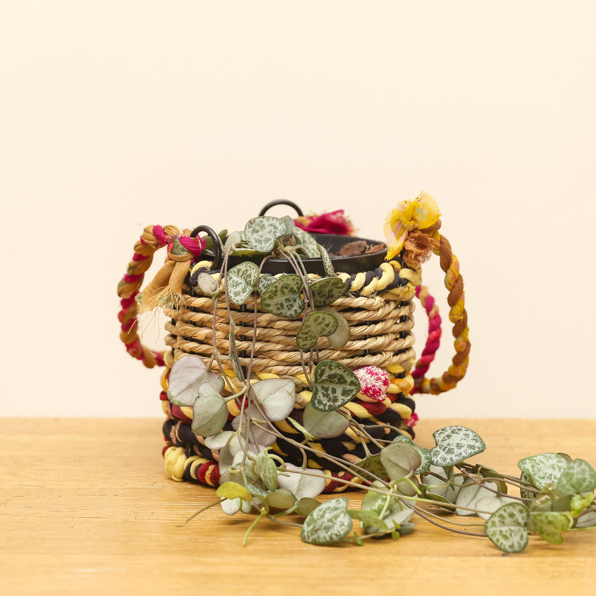 Munja and Reclaimed Fabric Eco Hanging Planter – Small