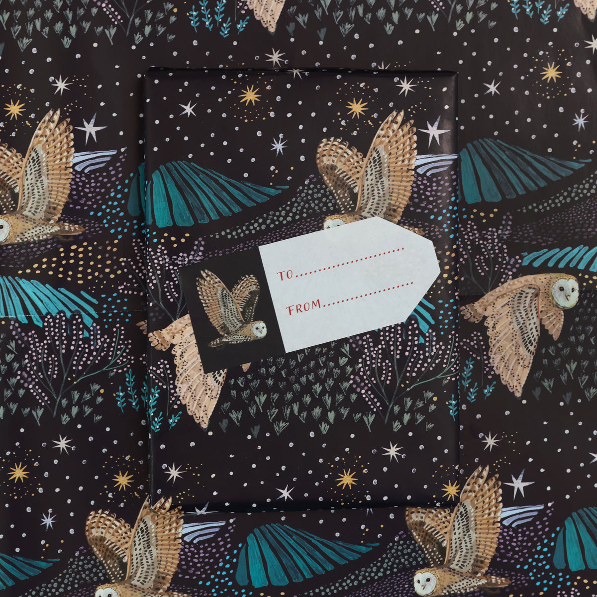 Close up of the star lit fields barn owl design with a wrapped gift and gift tag on top of the wrap, completing the design