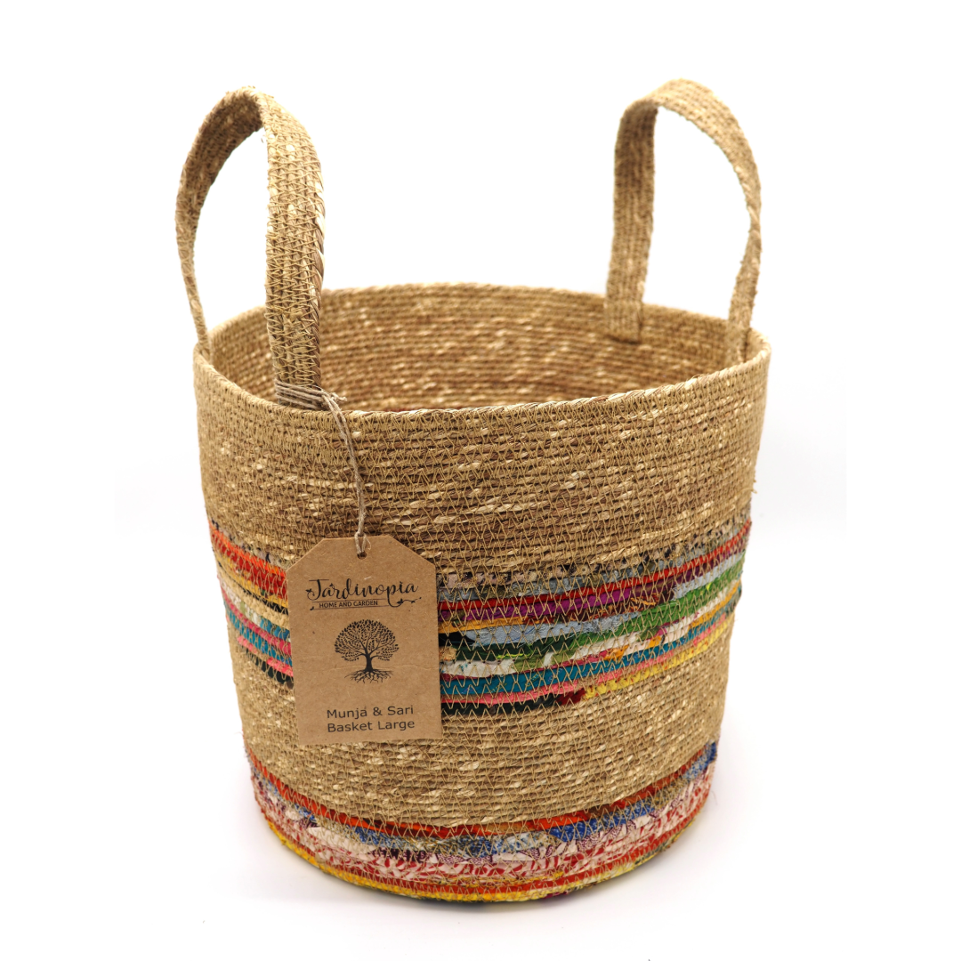 Munja And Reclaimed Fabric Eco Plant Pot Cover With Handles – Set Of 3