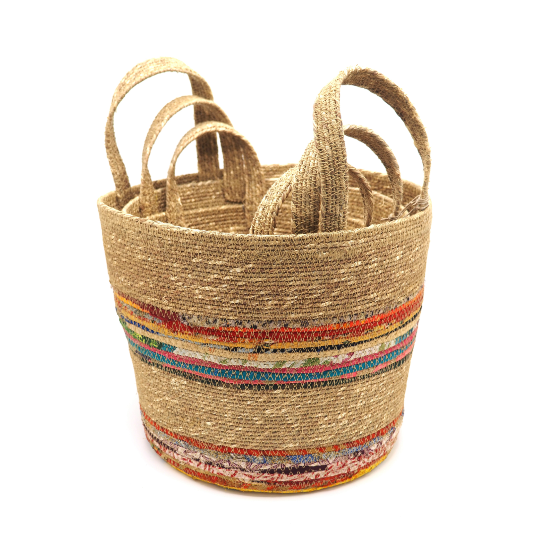 Munja And Reclaimed Fabric Eco Plant Pot Cover With Handles – Set Of 3