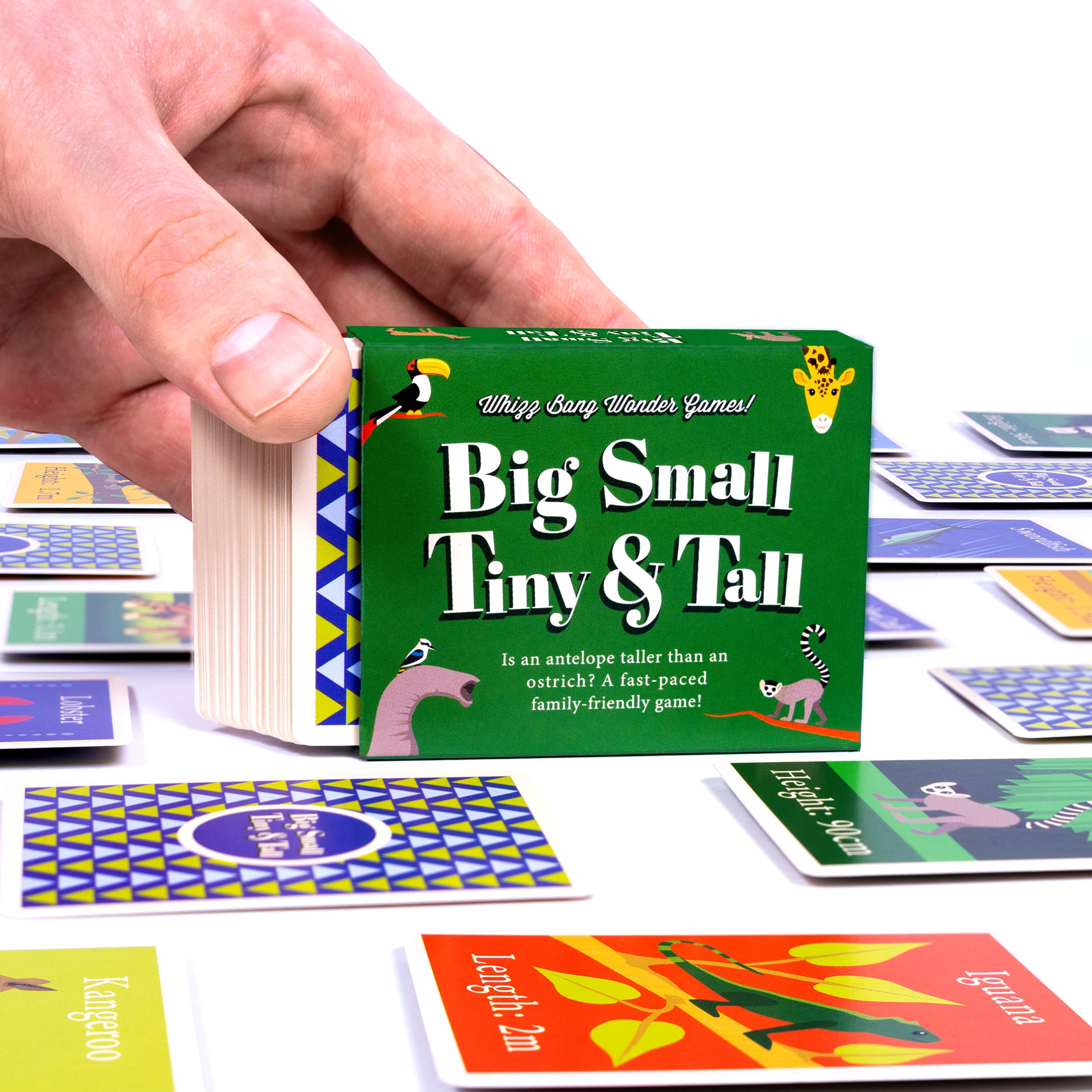 Big Small Tiny Tall game box with game cards coming out the box and laying next to it with hand holding cards