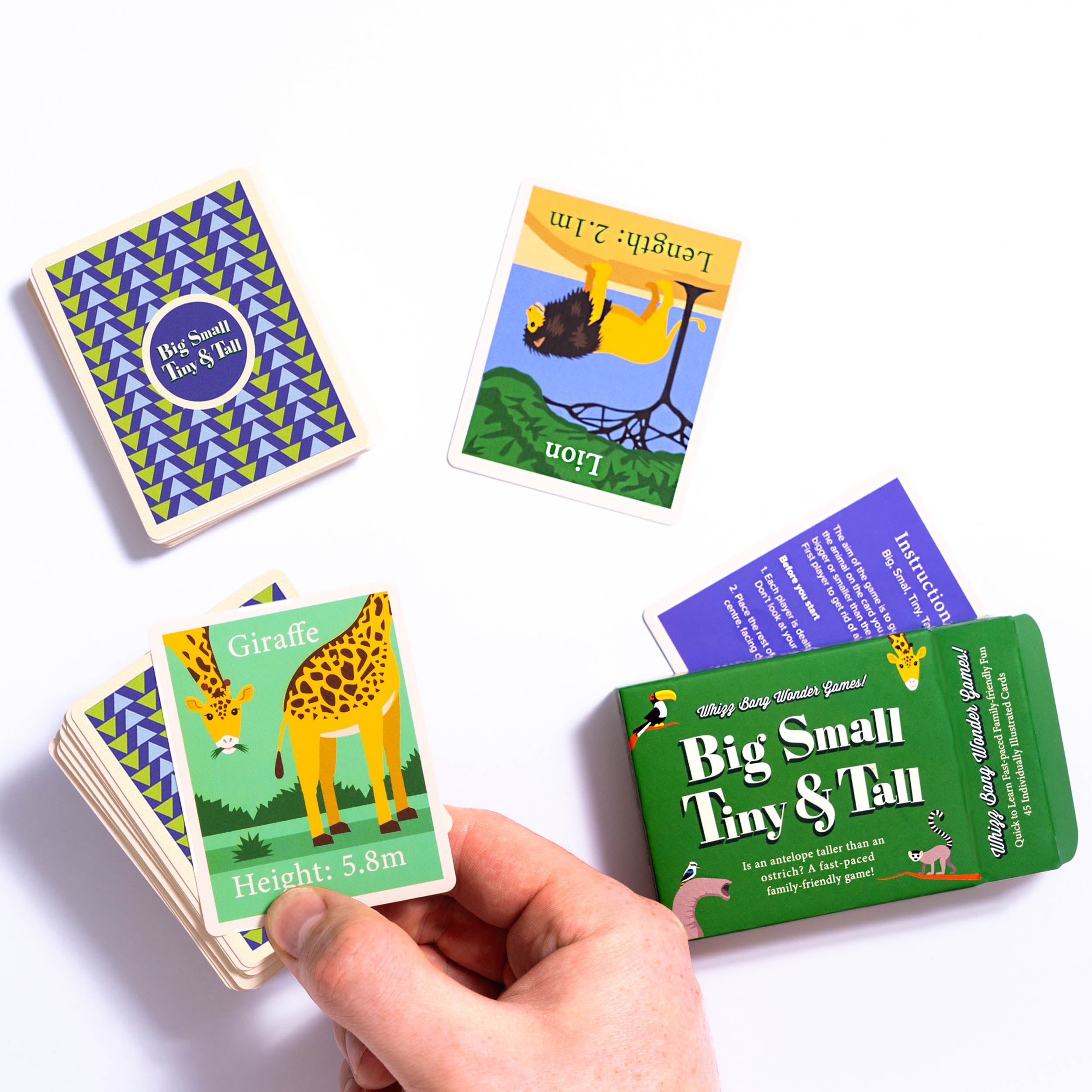 Big Small Tiny Tall game box with game cards laying next to it with hand holding cards