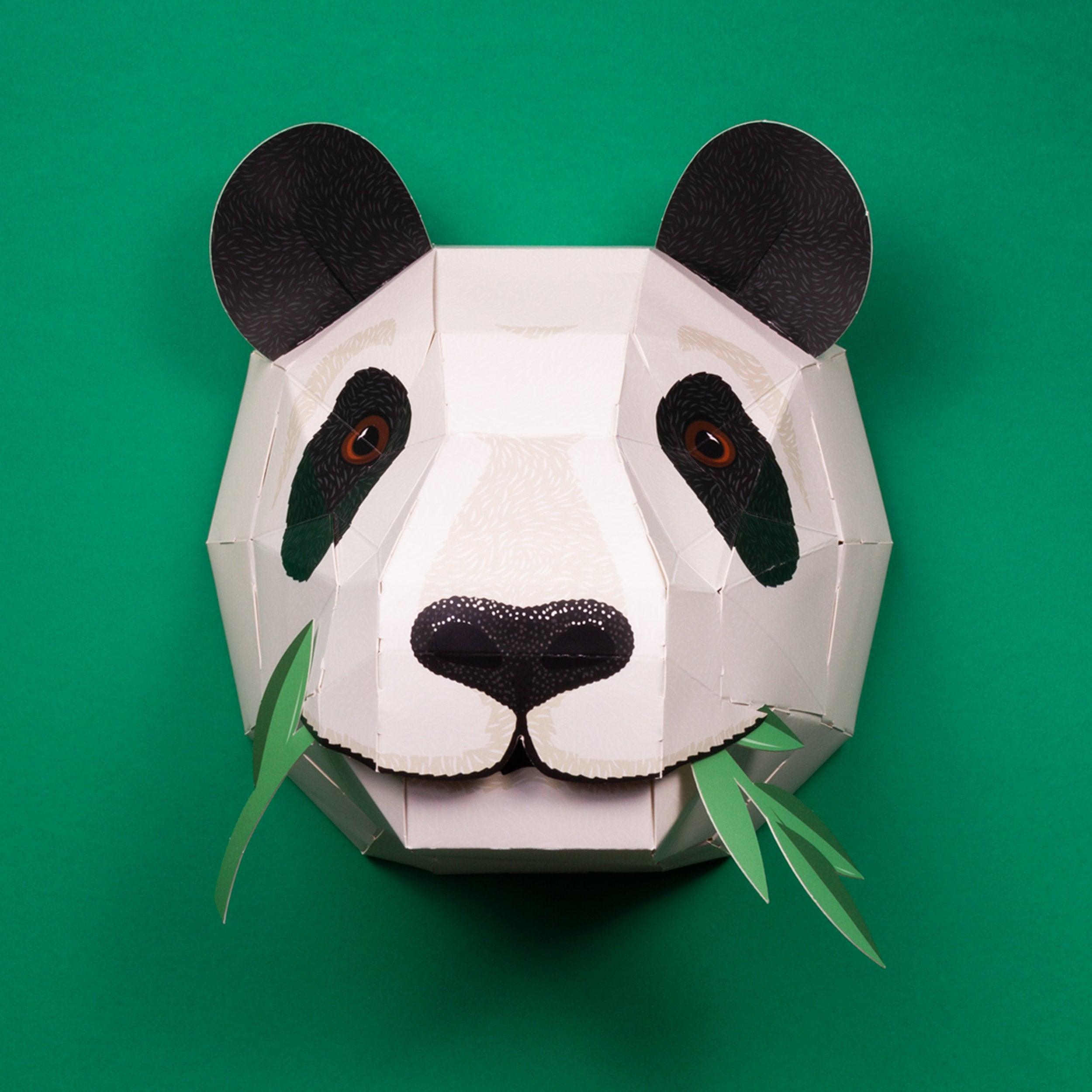 Constructed cardboard panda head on green surface