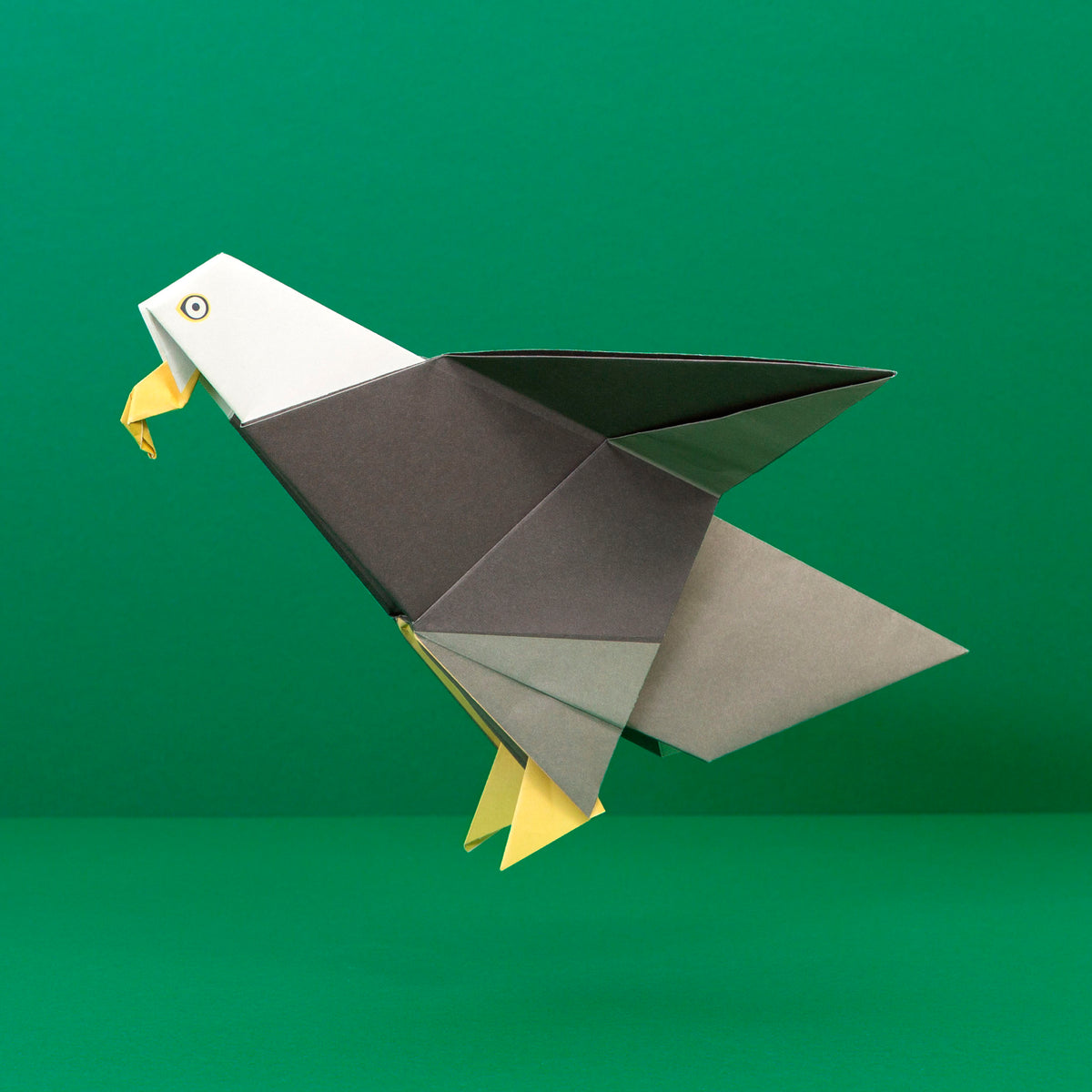 Origami Eagle constructed on green background