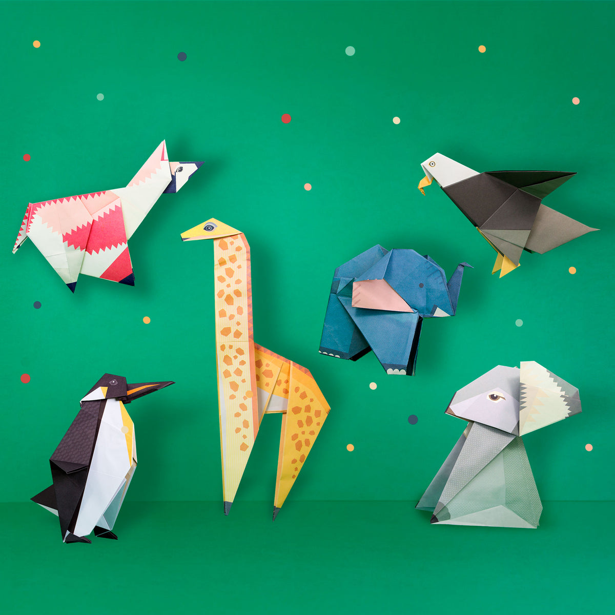 Origami Llama, Eagle, Elephant, Giraffe, Penguin and Koala constructed on green background with colourful dots