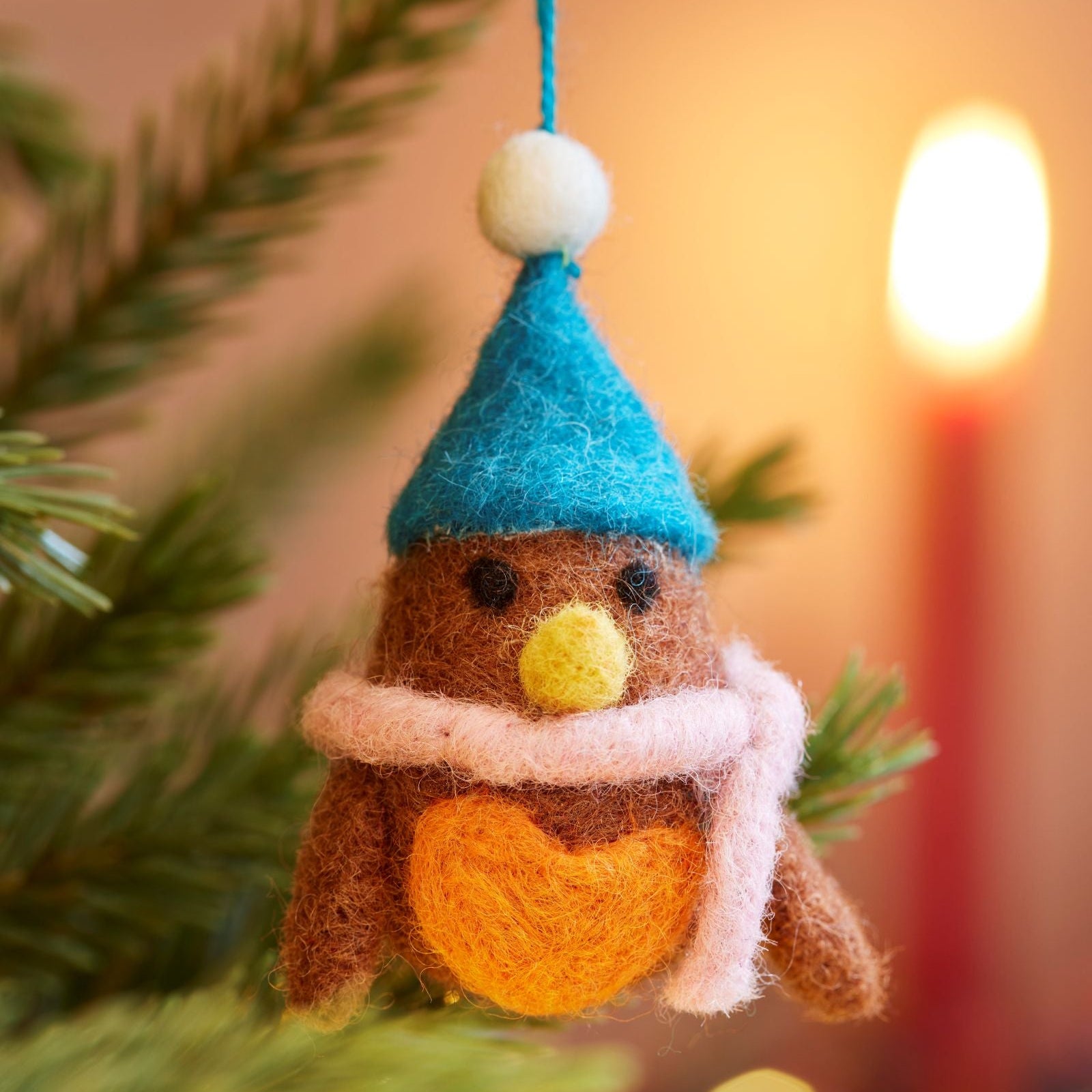 Close up of felt orange robin with blue hat and pink scarf hanging in tree