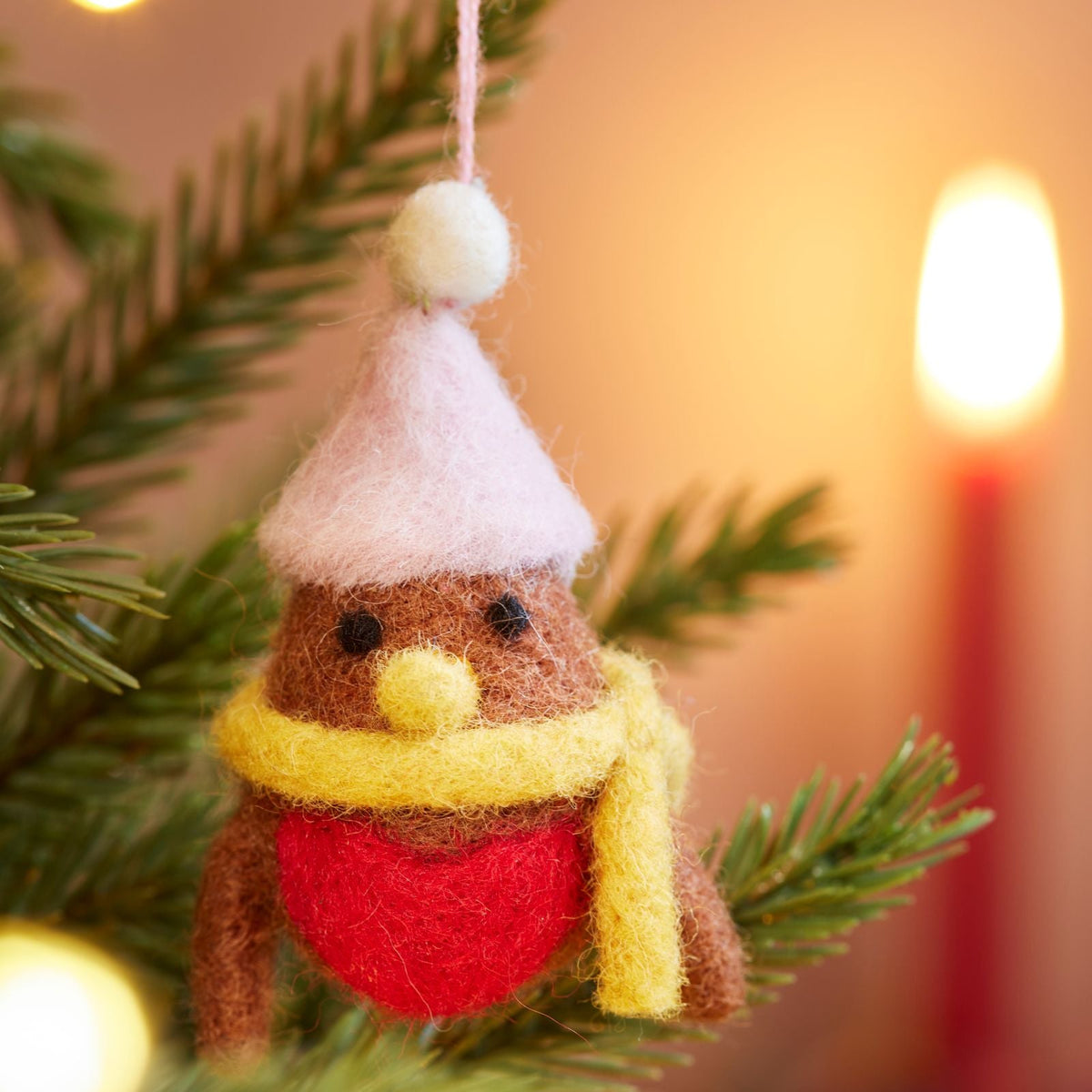 Close up of red robin with pink hat and yellow scarf hanging in tree