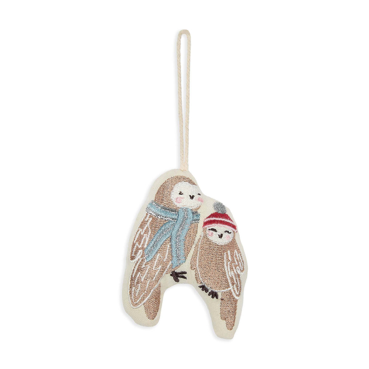 Two owls embroidered decoration, one wearing a blue scarf and one wearing a red pom pom hat