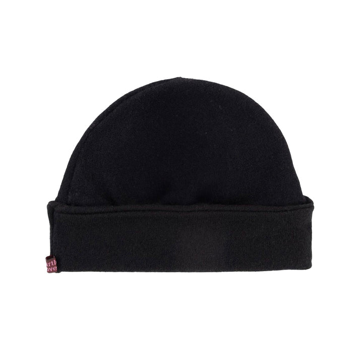 Recycled cashmere beanie in black laid flat on white surface