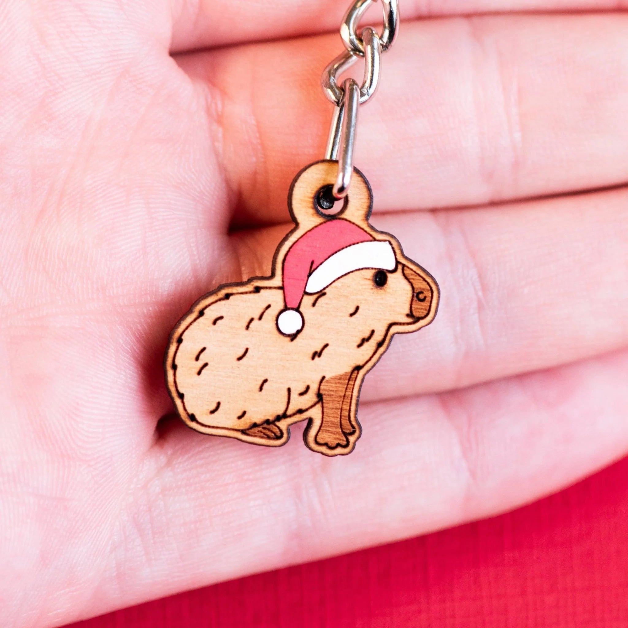 Hand-painted Wooden Keyring - Christmas Capybara