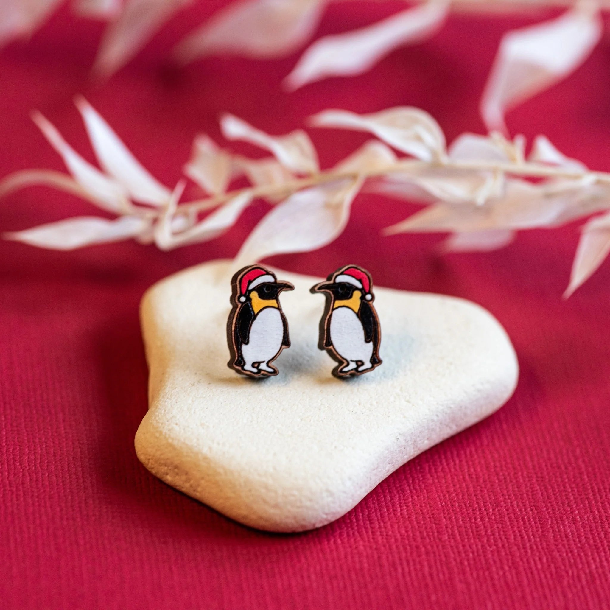 Hand-painted Wooden Earrings - Christmas Penguin