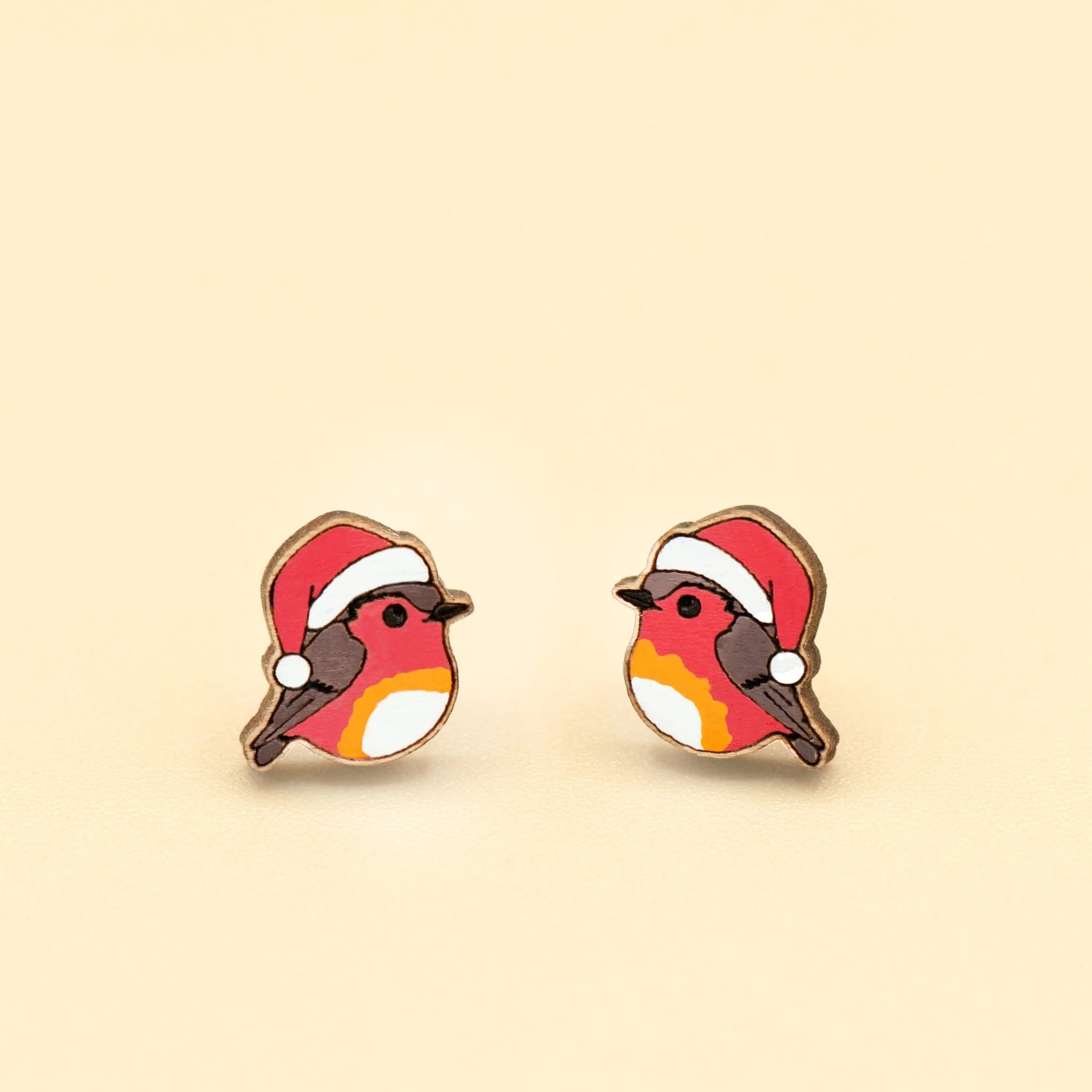 Hand-painted Wooden Earrings - Christmas Robin