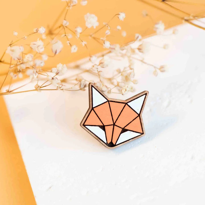 Hand-painted Wooden Pin Badge - Origami Fox