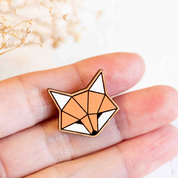 Hand-painted Wooden Pin Badge - Origami Fox