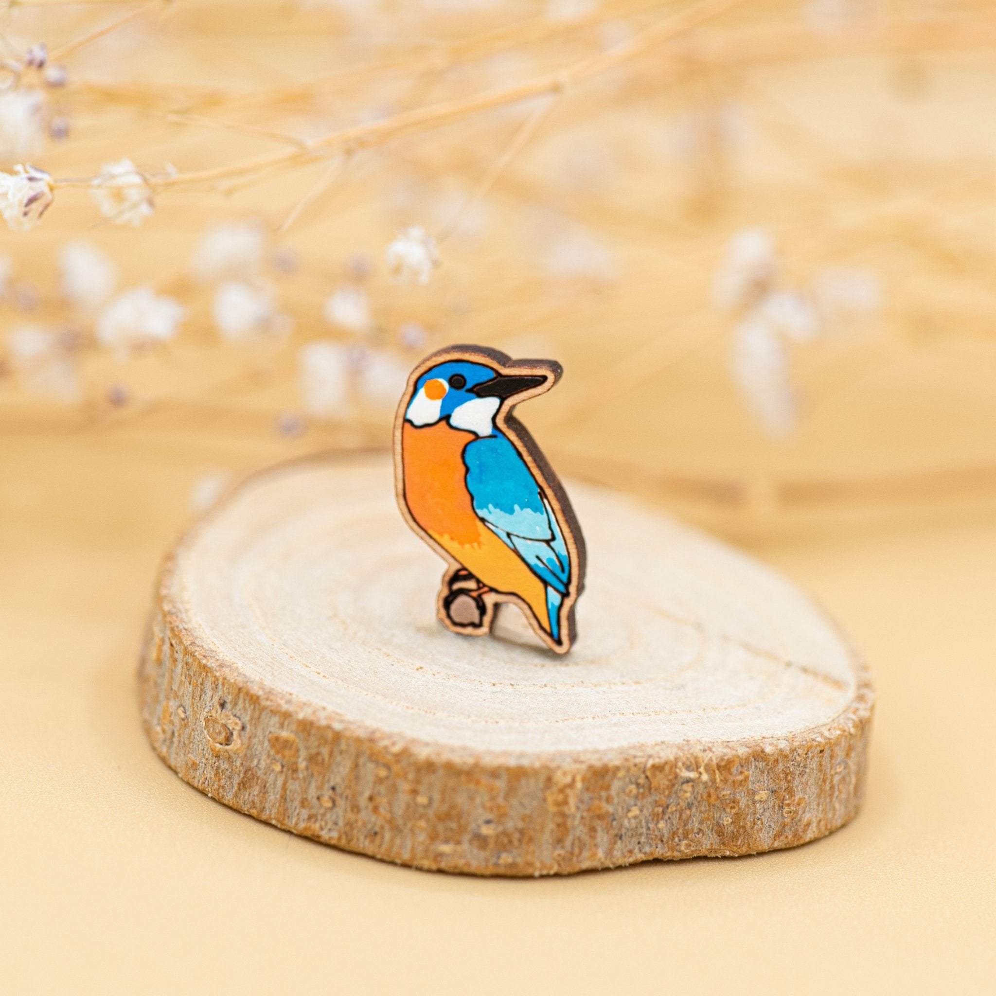 Hand-painted Wooden Pin Badge - Kingfisher