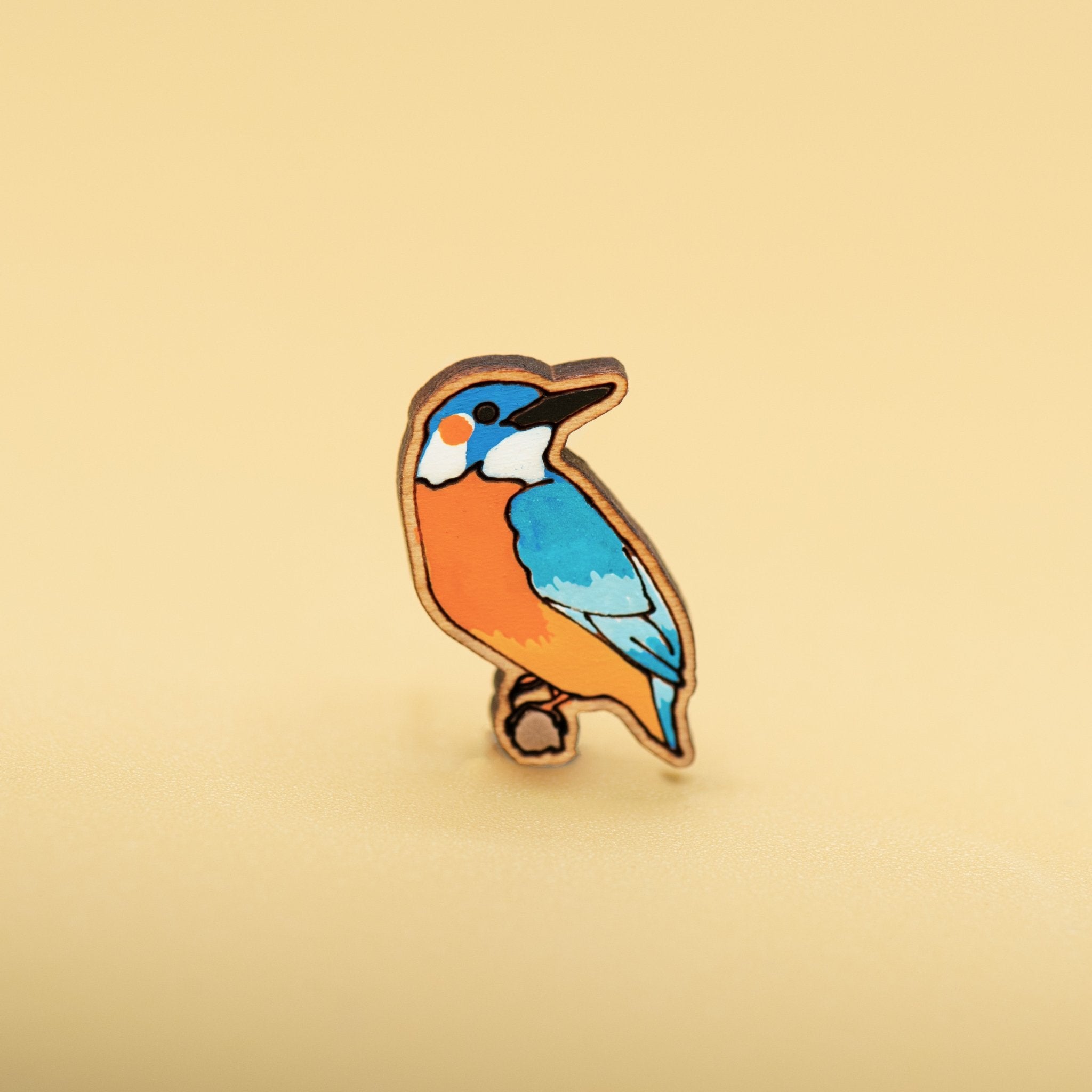 Hand-painted Wooden Pin Badge - Kingfisher