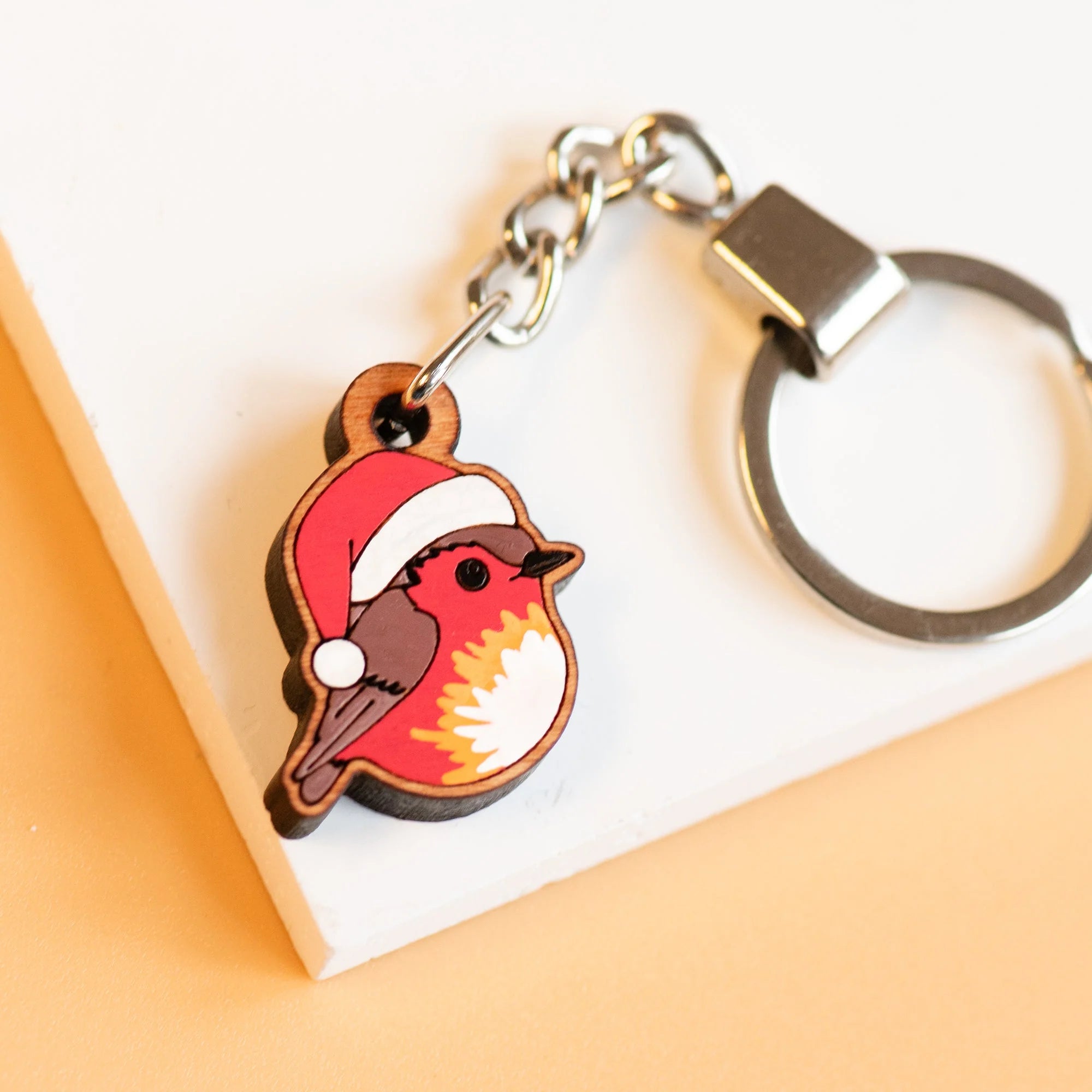 Hand-painted Wooden Keyring - Christmas Robin