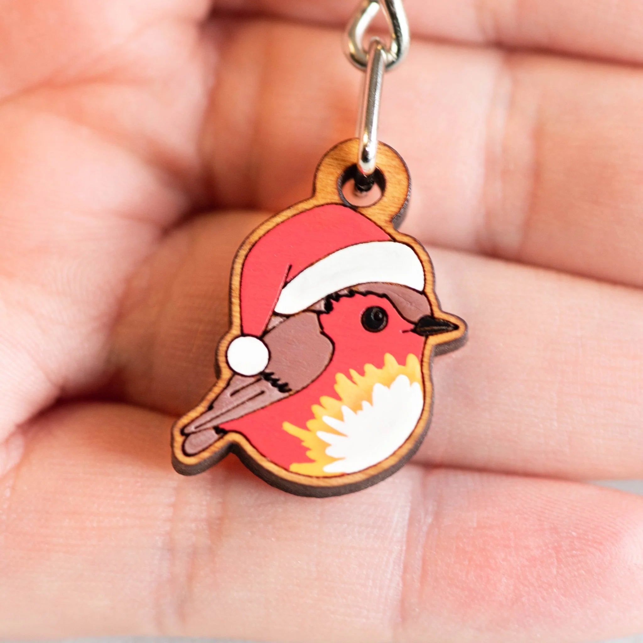 Hand-painted Wooden Keyring - Christmas Robin