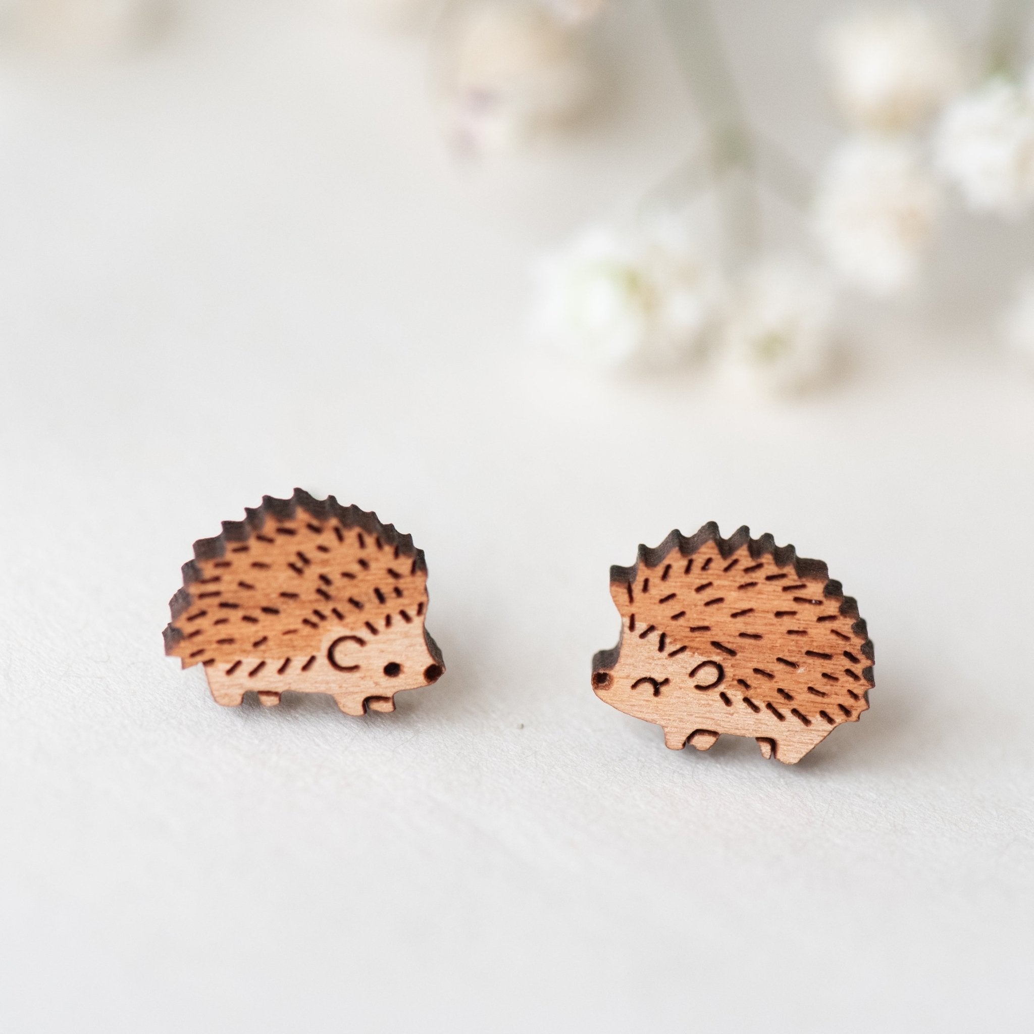 Wooden Stud Earrings - Hedgehog