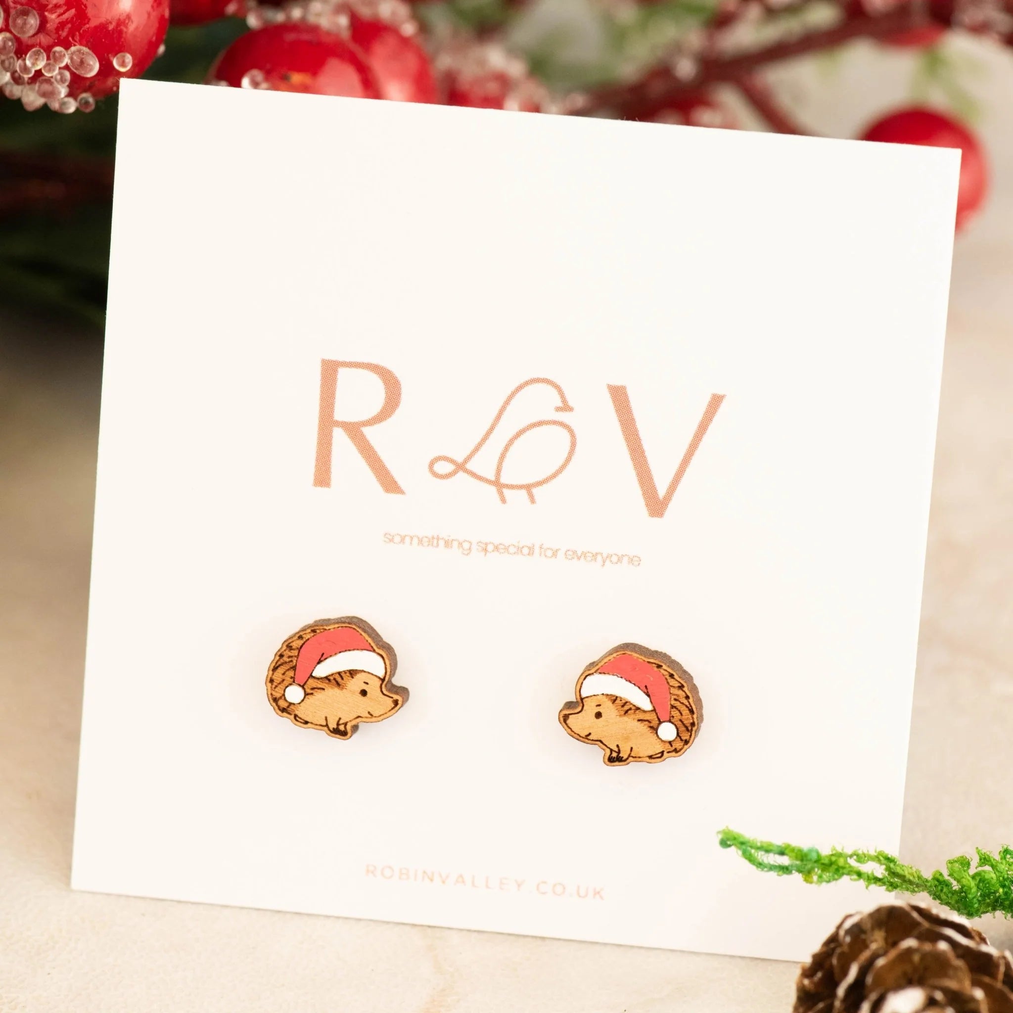 Hand-painted Wooden Earrings - Christmas Hedgehog