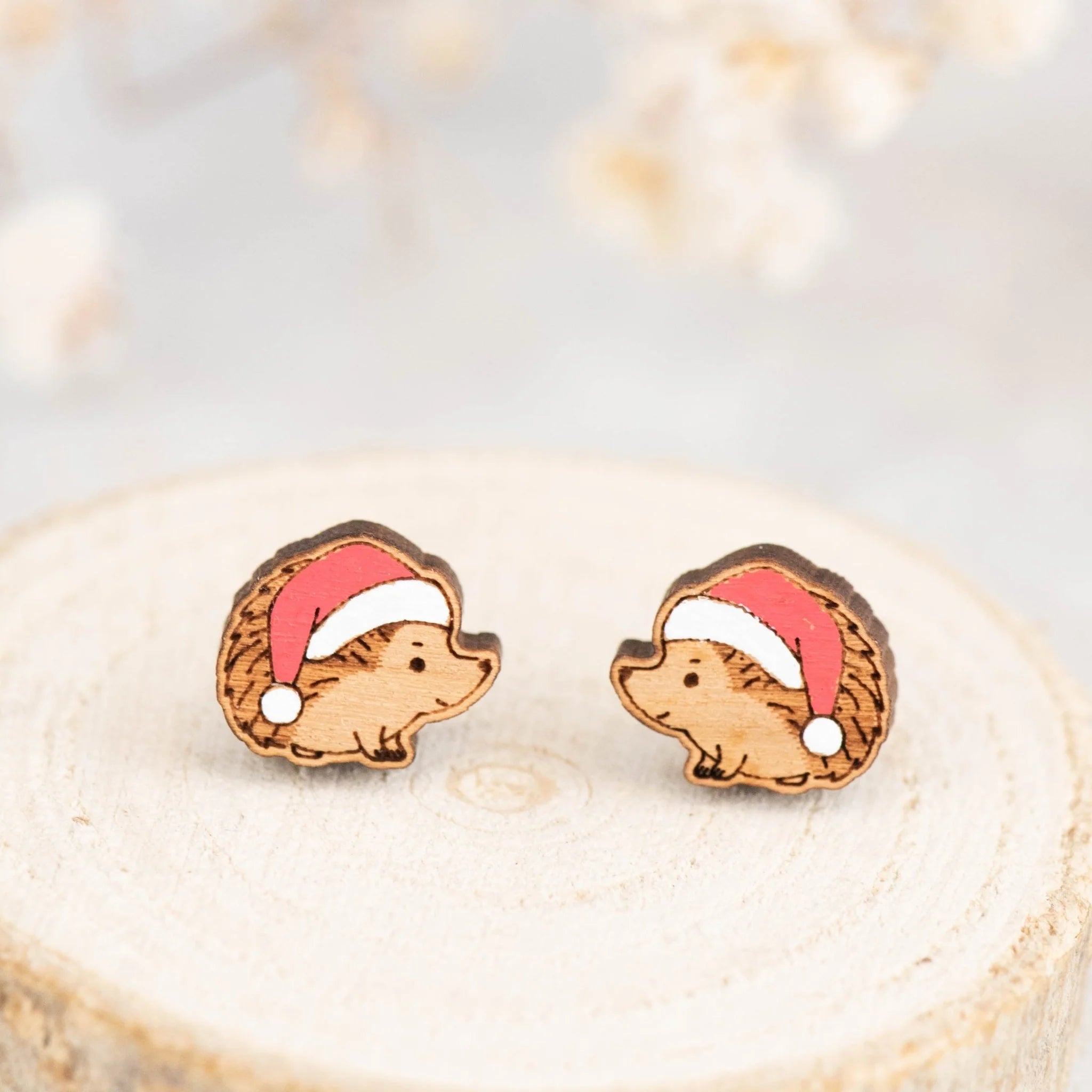 Hand-painted Wooden Earrings - Christmas Hedgehog